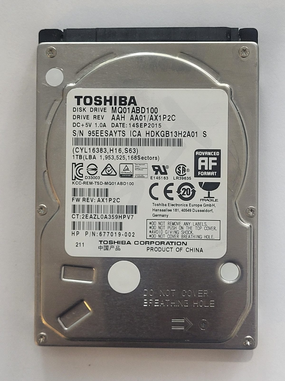 MQ01ABD100, HDKGB13H2A01 S, FW: AA01/AX1P2C, 14 SEP 2015, Toshiba 1Tb 2.5" HDD STK