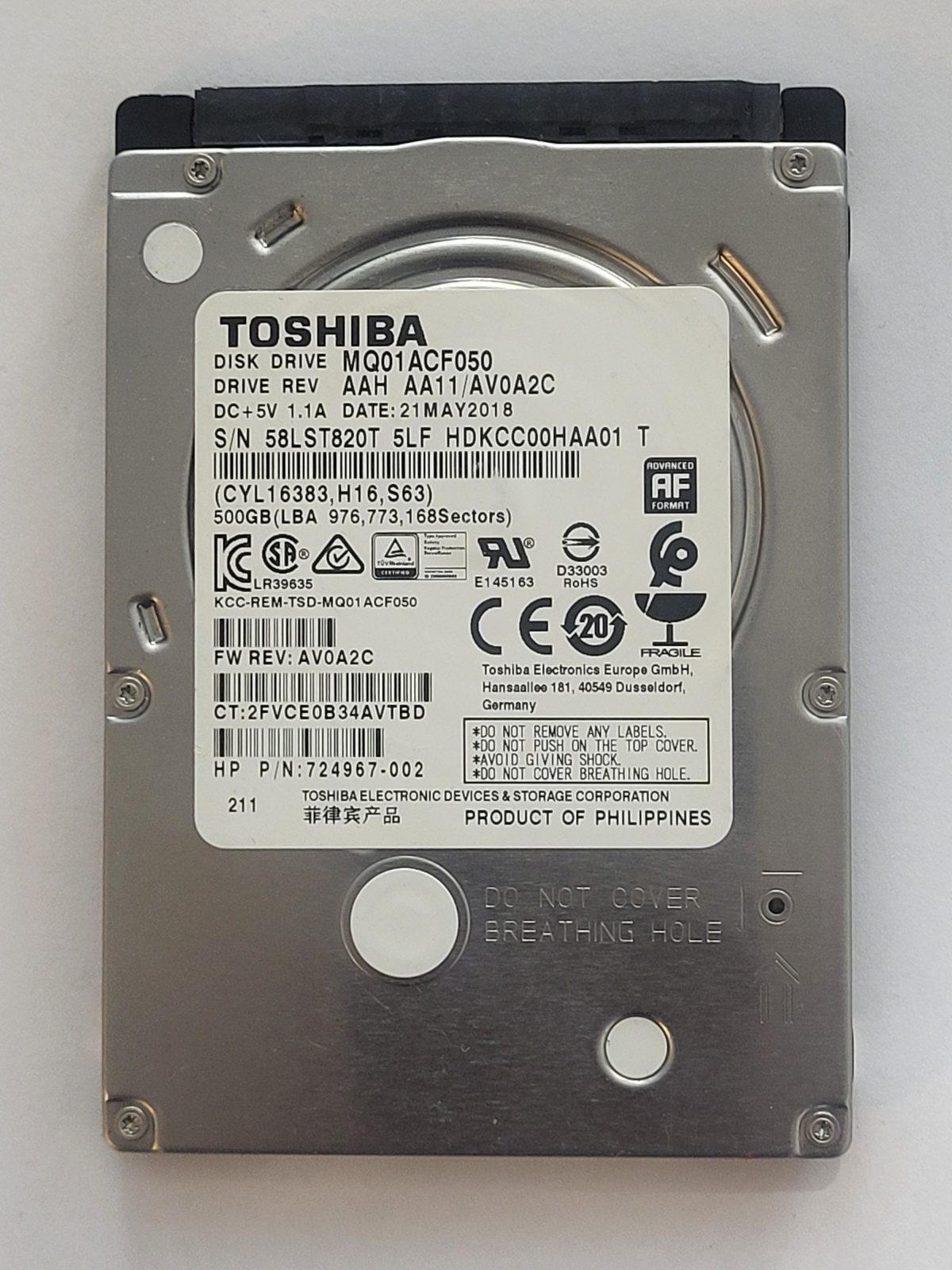 MQ01ACF050, HDKCC00HAA01 T, FW: AA11/AV0A2C, 21 MAY 2018, Toshiba 500Gb 2.5" HDD STK