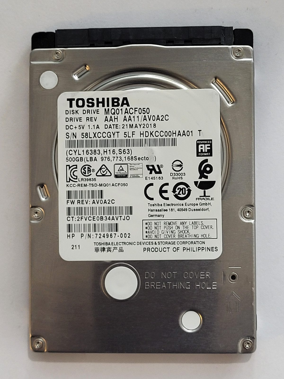 MQ01ACF050, HDKCC00HAA01 T, FW: AA11/AV0A2C, 21 MAY 2018, Toshiba 500Gb 2.5" HDD STK
