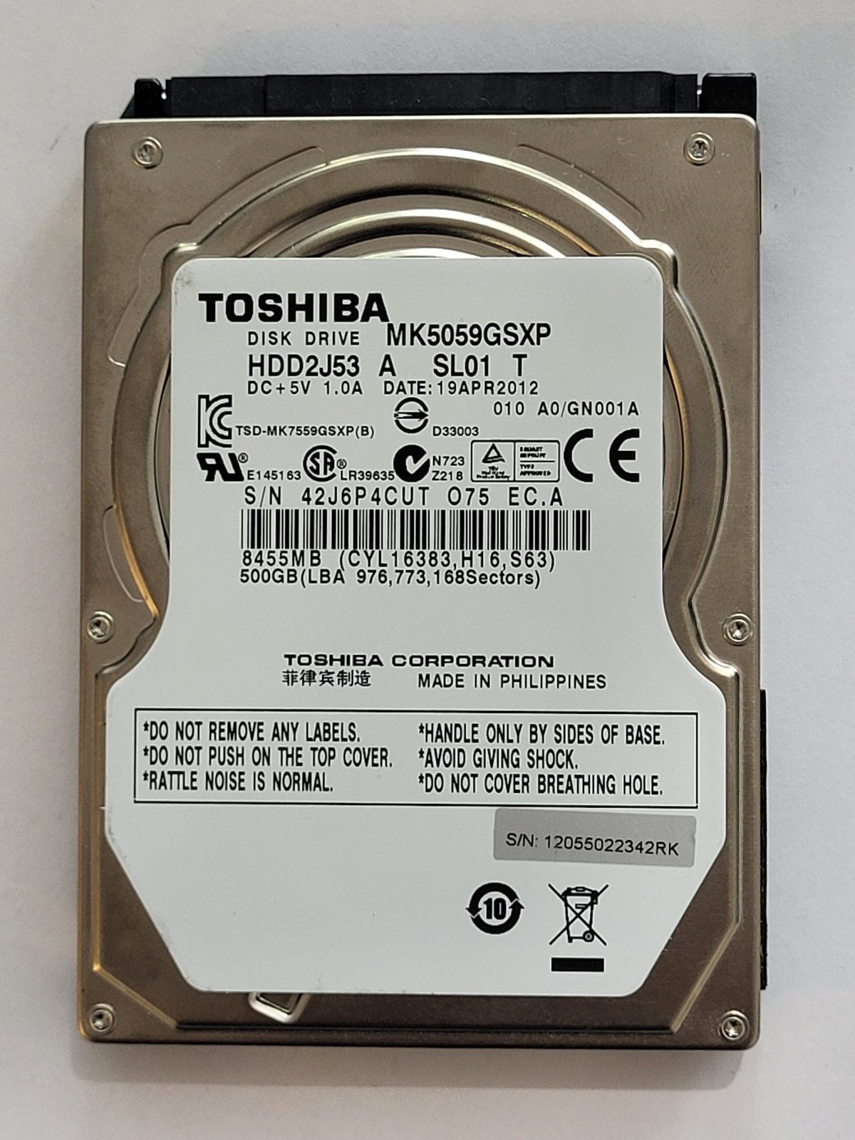 MK5059GSXP, HDD2J53 A SL01 T, FW: A0/GN001A, 19 APR 2012, Toshiba 500Gb 2.5" HDD STK