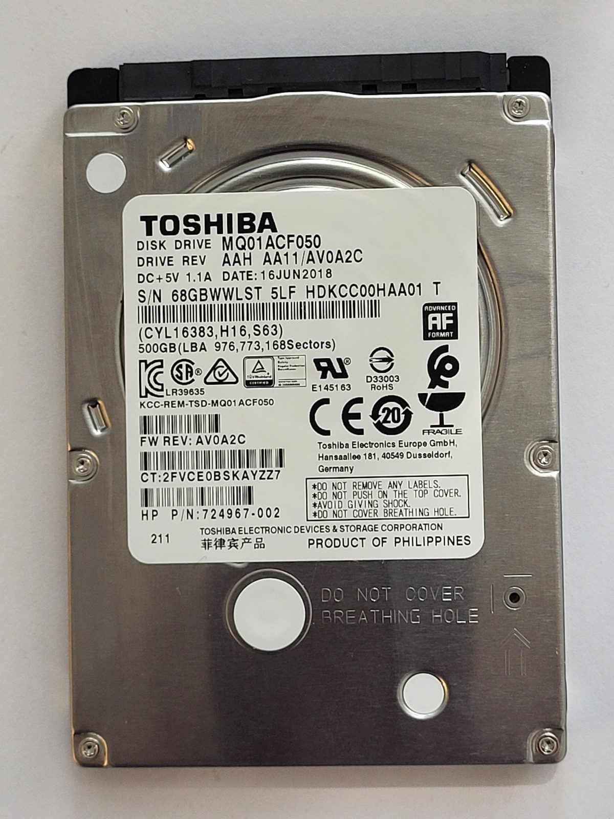 MQ01ACF050, HDKCC00HAA01 T, FW: AA11/AV0A2C, 16 JUN 2018, Toshiba 500Gb 2.5" HDD STK