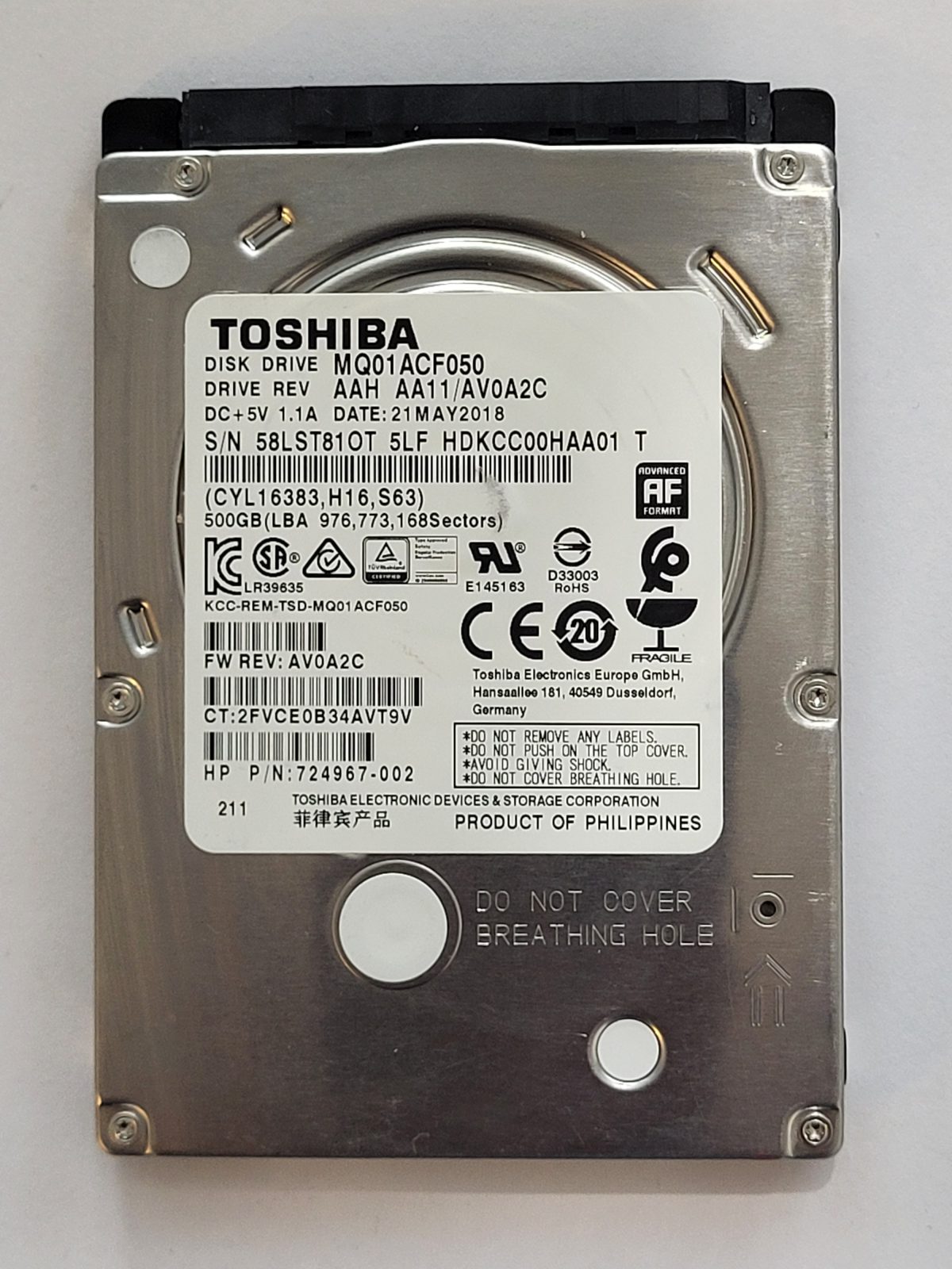MQ01ACF050, HDKCC00HAA01 T, FW: AA11/AV0A2C, 21 MAY 2018, Toshiba 500Gb 2.5" HDD STK