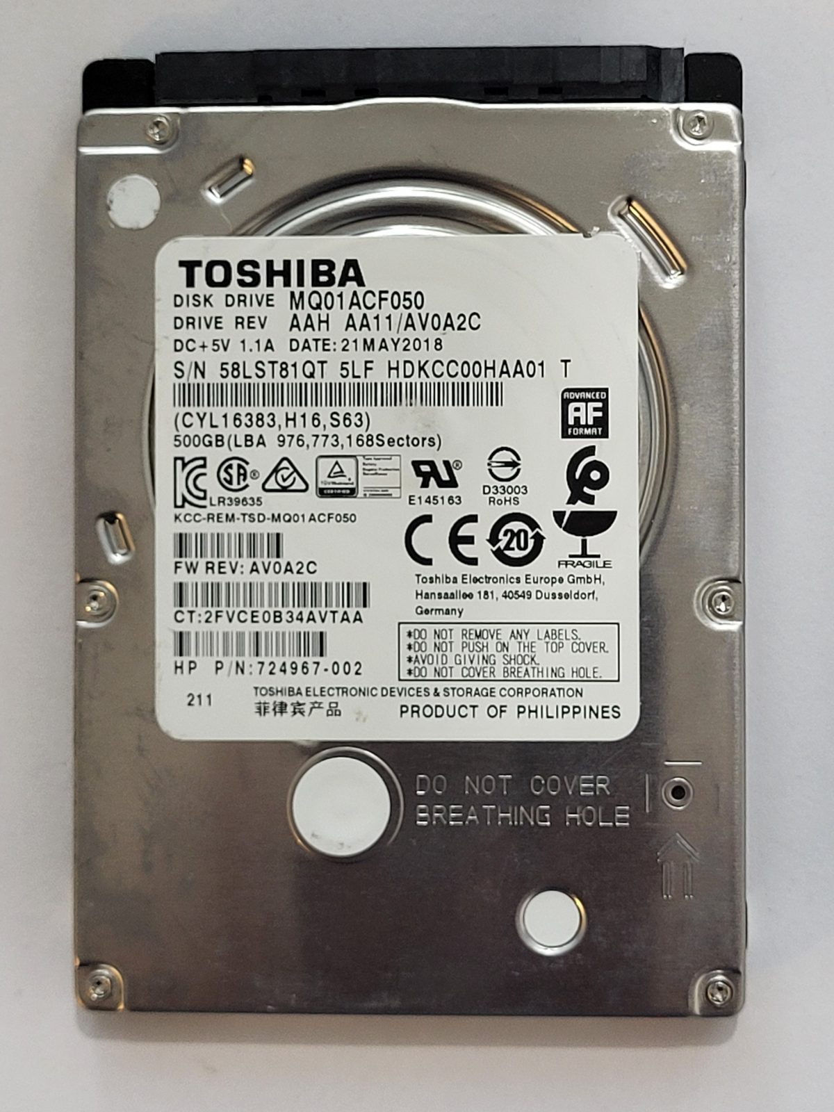 MQ01ACF050, HDKCC00HAA01 T, FW: AA11/AV0A2C, 21 MAY 2018, Toshiba 500Gb 2.5" HDD STK