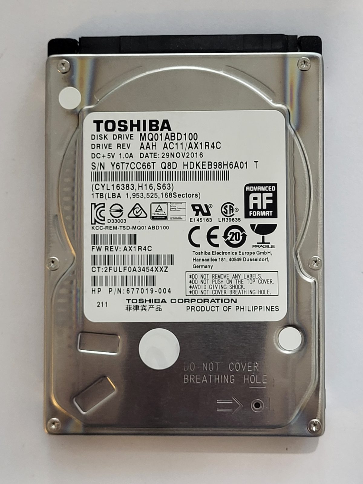 MQ01ABD100, HDKEB98H6A01 T, FW: AC11/AX1R4C, 29 NOV 2016, Toshiba 1Tb 2.5" HDD STK