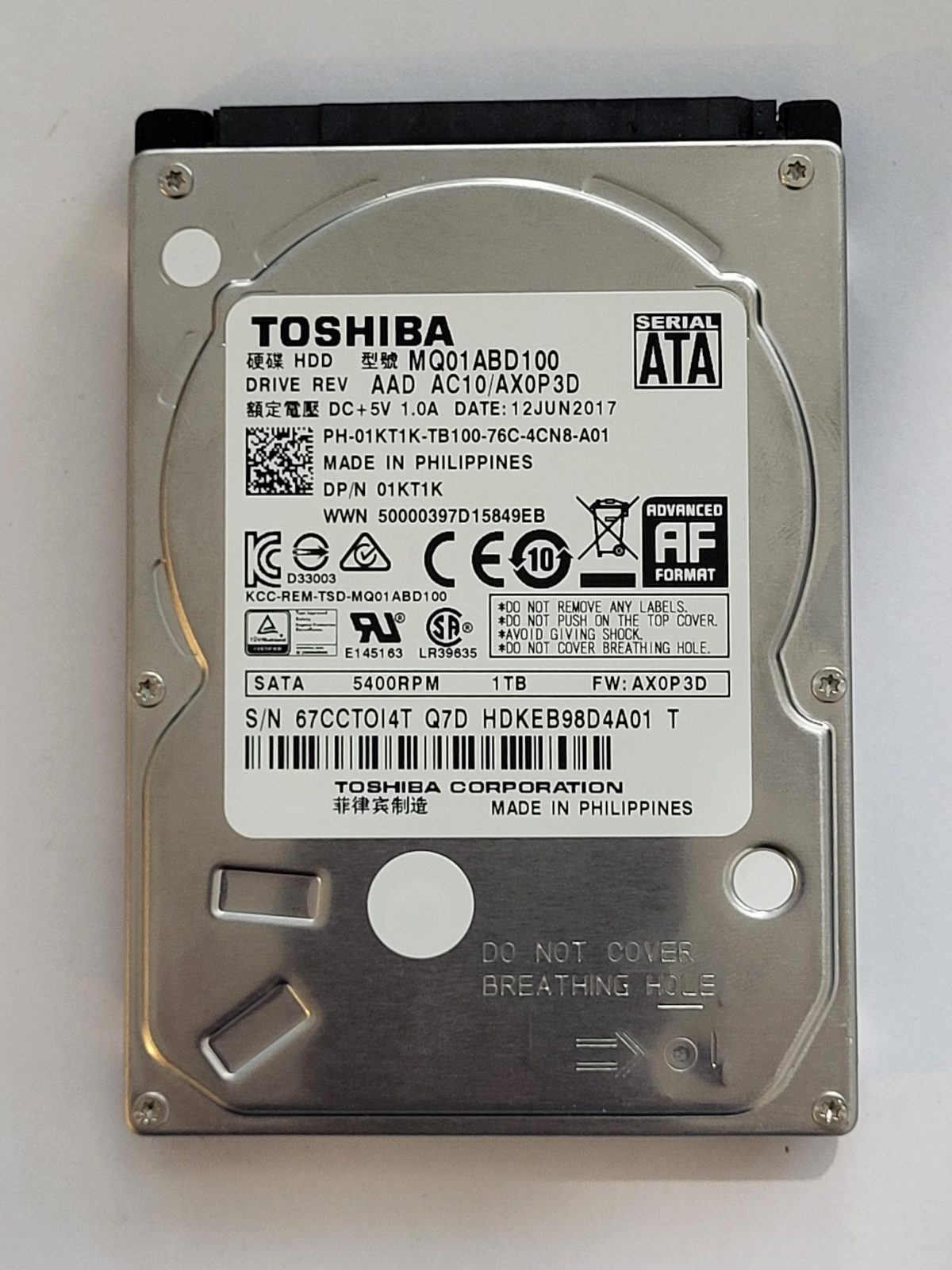 MQ01ABD100, HDKEB98D4A01 T, FW: AX0P3D, 12 JUN 2017, Toshiba 1Tb 2.5" HDD STK