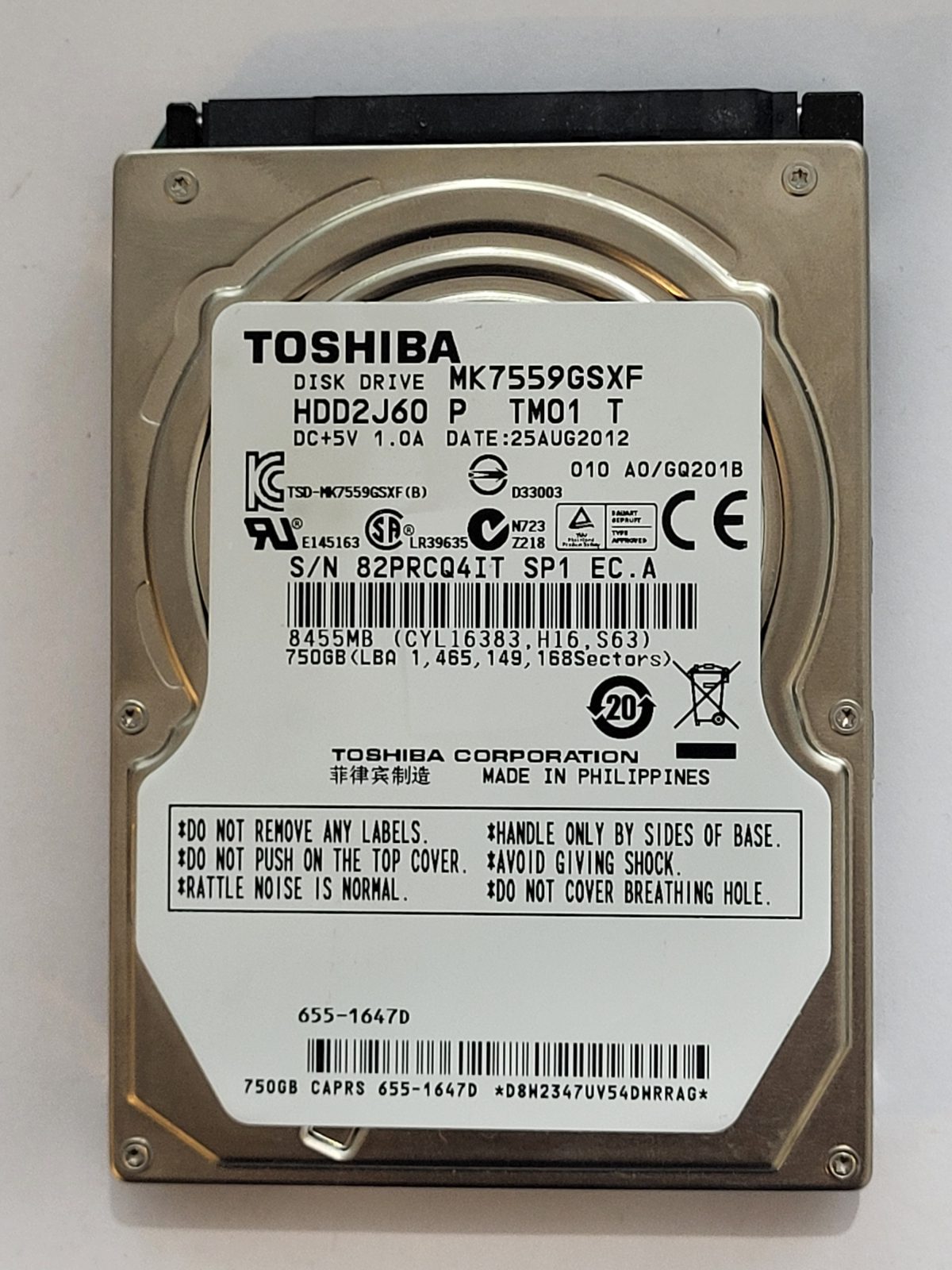 MK7559GSXF, HDD2J60 P TM01 T, FW: A0/GQ201B, 25 AUG 2012, Toshiba 750Gb 2.5" HDD STK