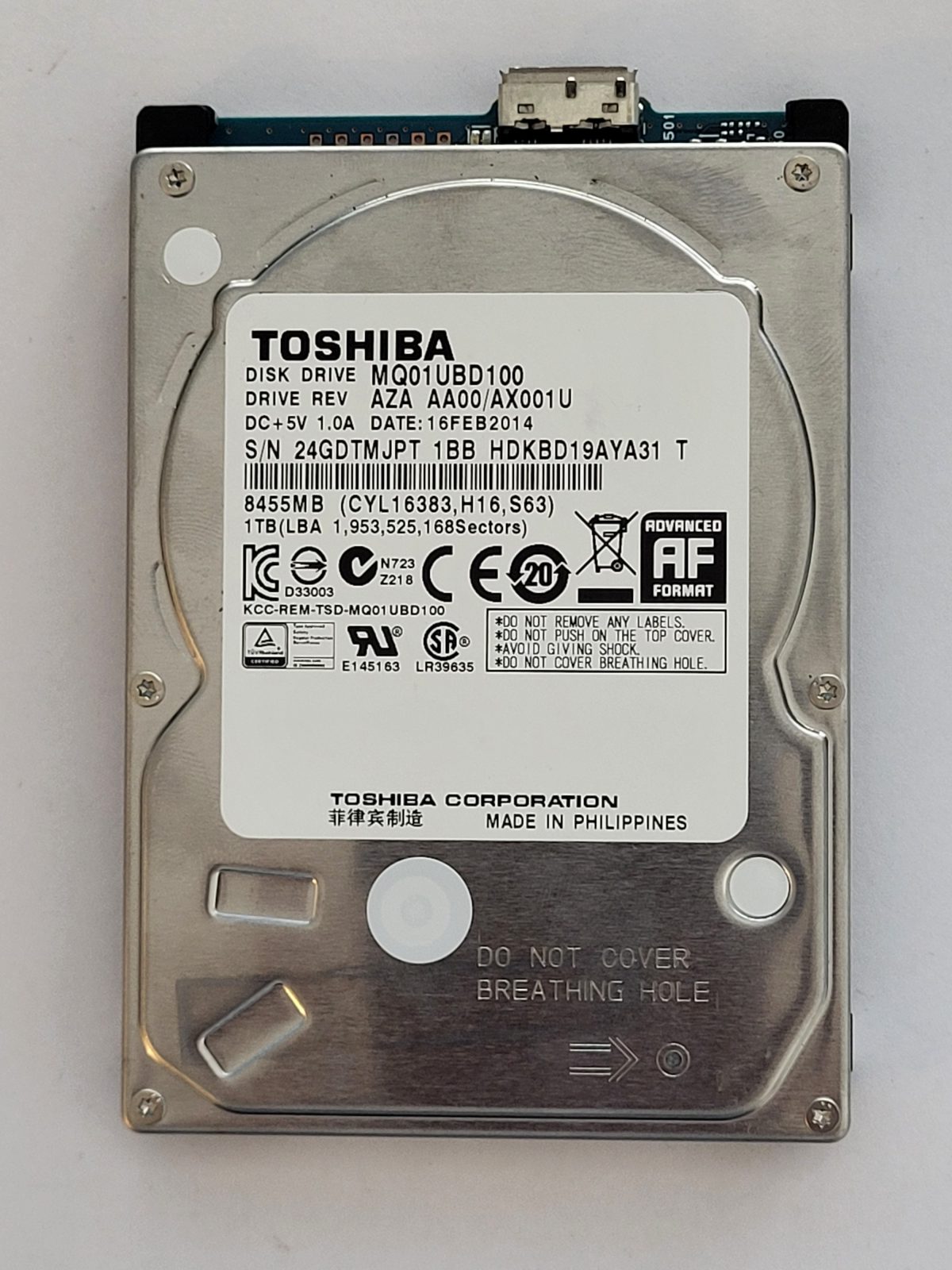 MQ01UBD100, HDKBD19AYA31 T, FW: AA00/AX001U, 16 FEB 2014, Toshiba 1Tb 2.5" HDD STK