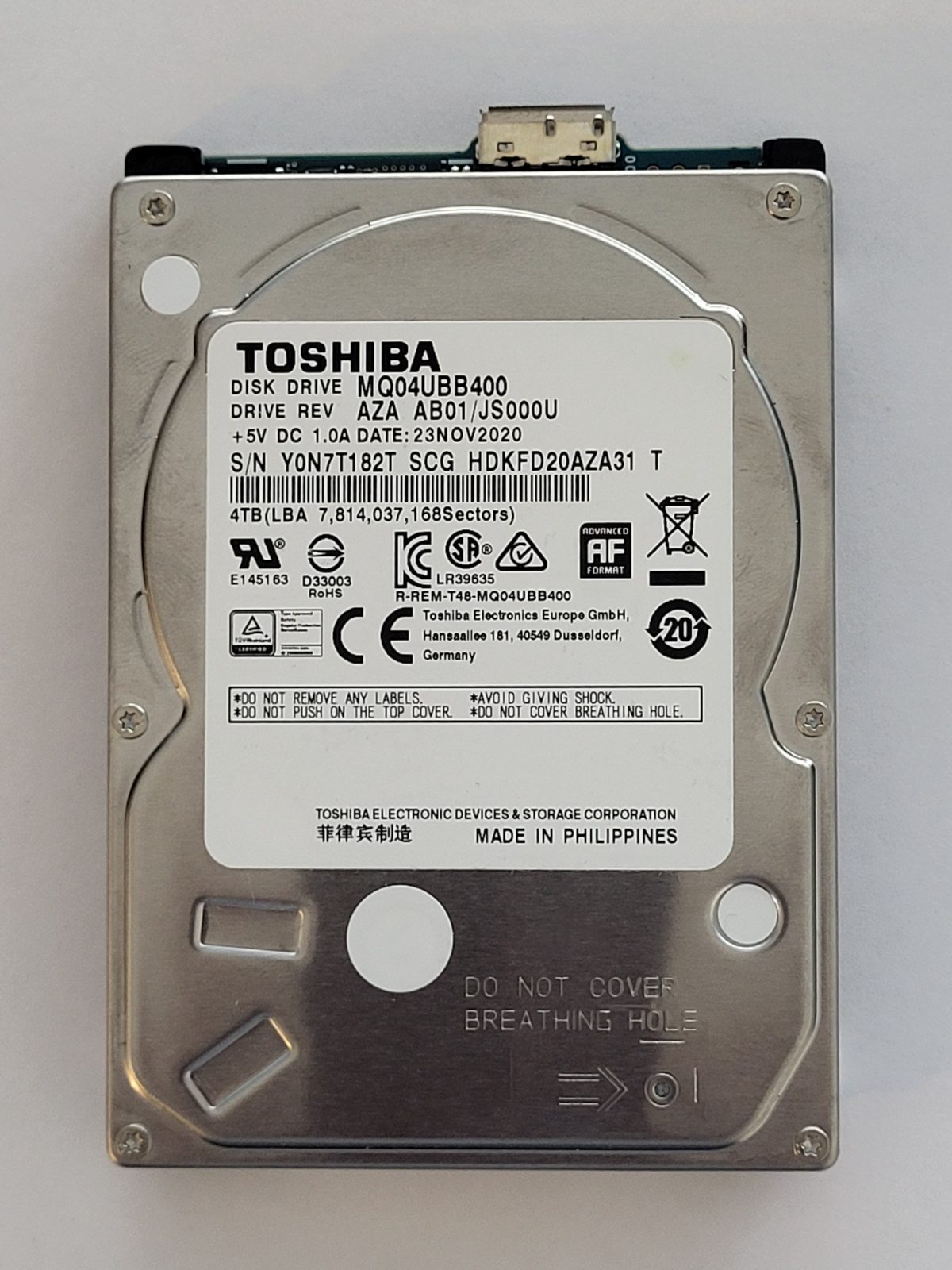MQ04UBB400, HDKFD20AZA31 T, FW: AB01/JS000U, 23 NOV 2020, Toshiba 4Tb 2.5" HDD STK