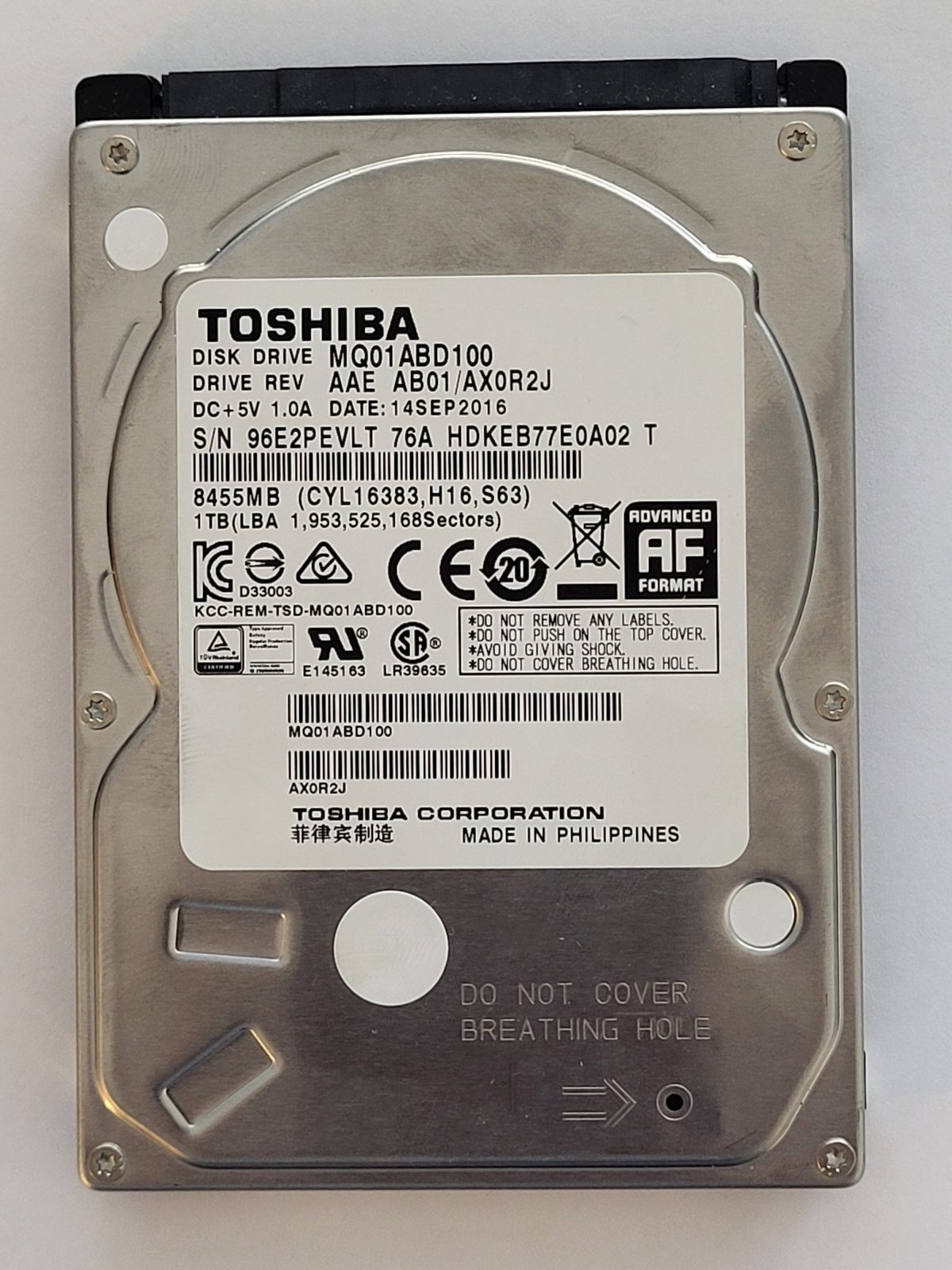MQ01ABD100, HDKEB77E0A02 T, FW: AB01/AX0R2J, 14 SEP 2016, Toshiba 1Tb 2.5" HDD STK