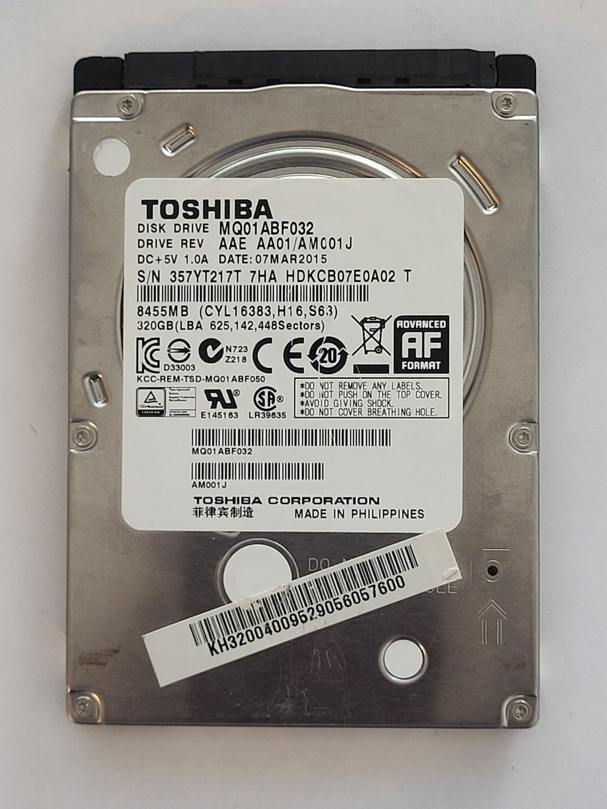 MQ01ABF032, HDKCB07E0A02 T, FW: AA01/AMC01J, 07 MAR 2015, Toshiba 320Gb 2.5" HDD STK