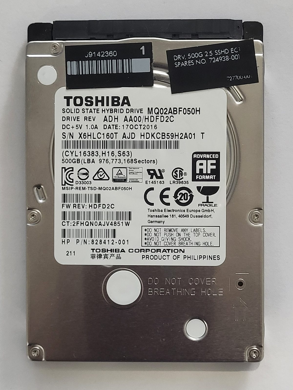 MQ02ABF050H, HDKCB59H2A01 T, FW: AA00/HDFD2C, 17 OCT 2016, Toshiba 500Gb 2.5" HDD STK