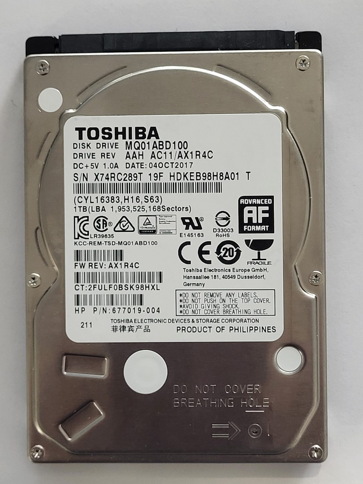 MQ01ABD100, HDKEB98H8A01 T, FW: AC11/AX1R4C, 04 OCT 2017, Toshiba 1Tb 2.5" HDD STK
