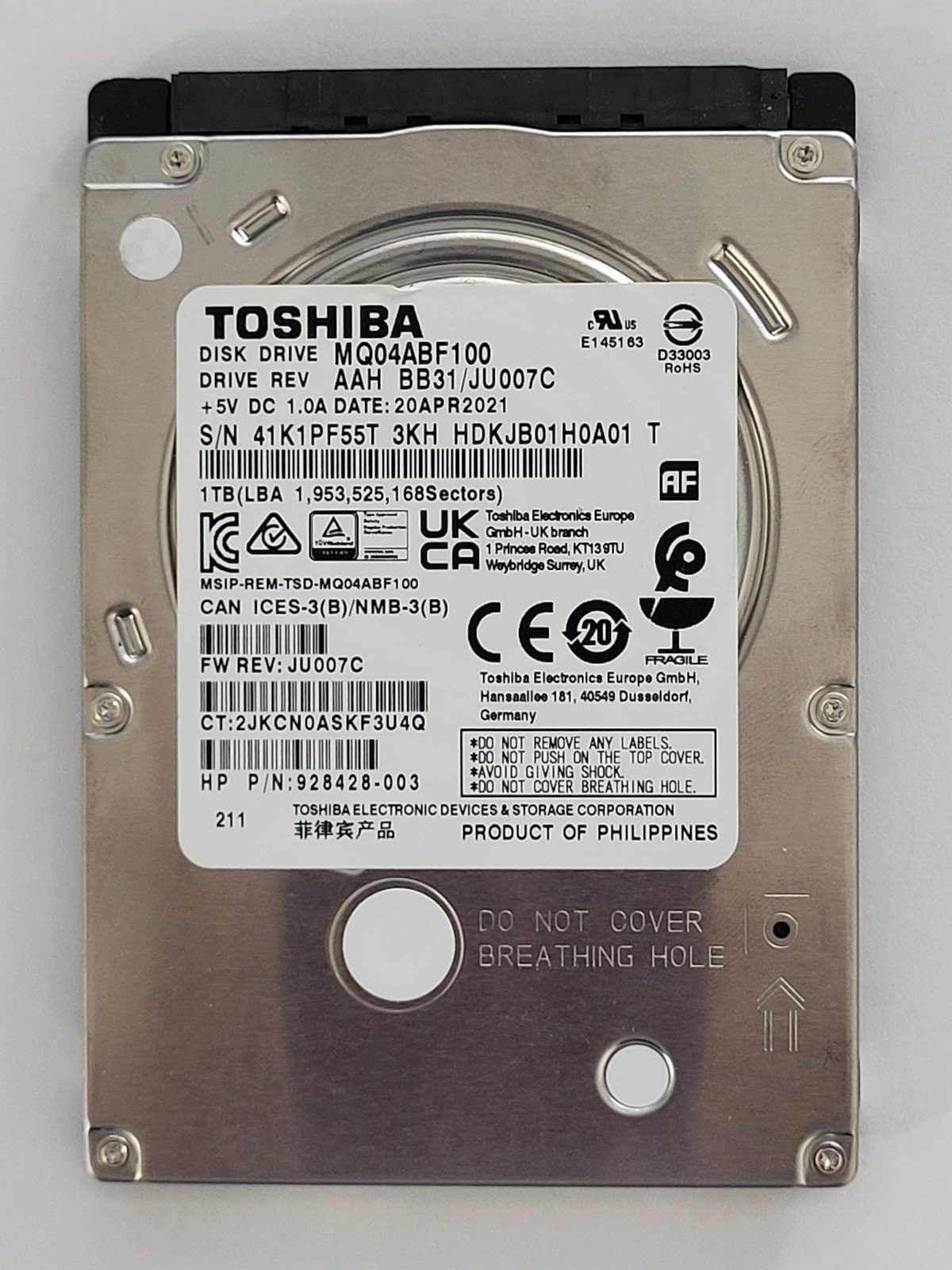 MQ04ABF100, HDKJB01H0A01 T, FW: BB31/JU007C, 20 APR 2021, Toshiba 1Tb 2.5" HDD STK