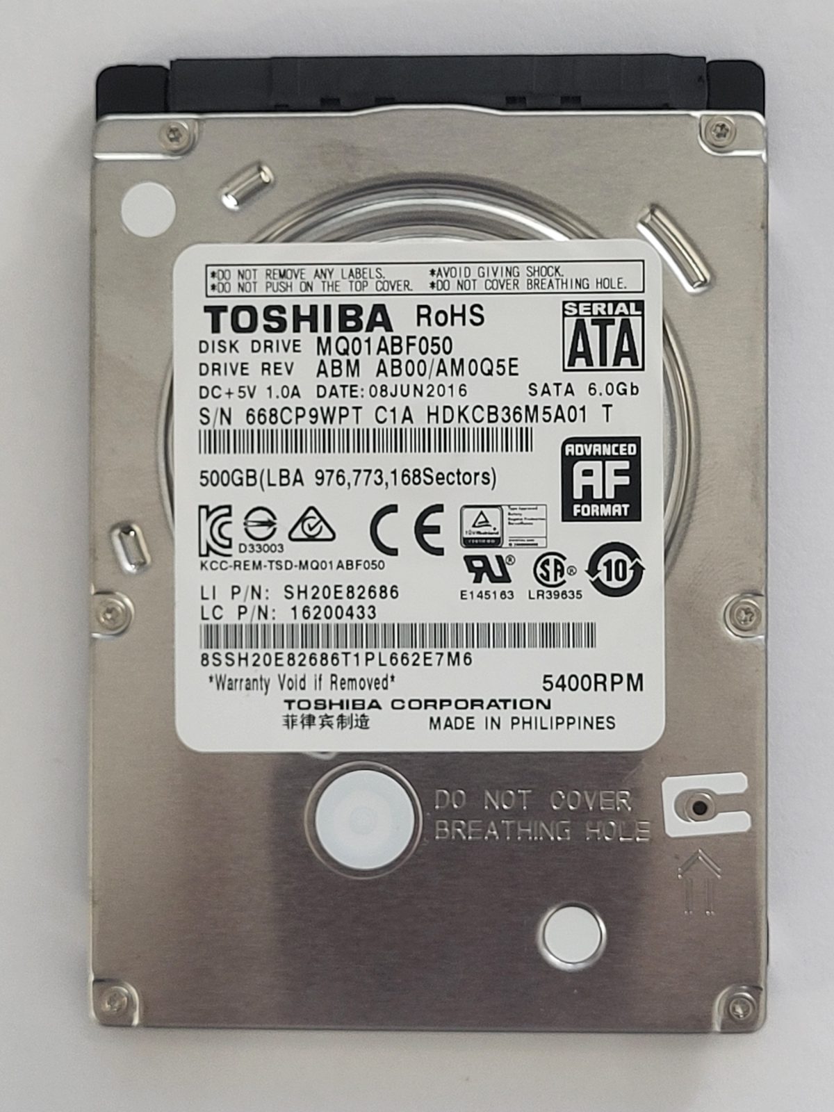 MQ01ABF050, HDKCB36M5A01 T, FW: AB00/AM0Q5E, 08 JUN 2016, Toshiba 500Gb 2.5" HDD STK
