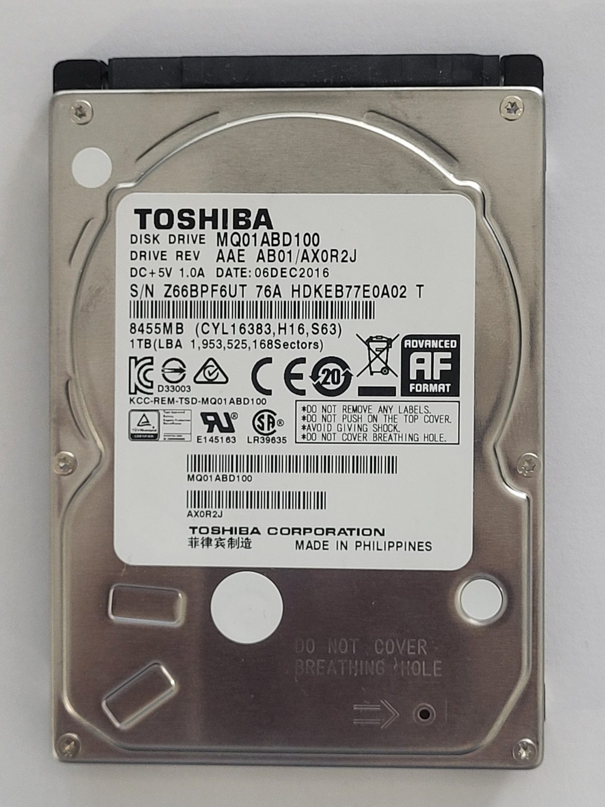 MQ01ABD100, HDKEB77E0A02 T, FW: AB01/AX0R2J, 06 DEC 2016, Toshiba 1Tb 2.5" HDD STK