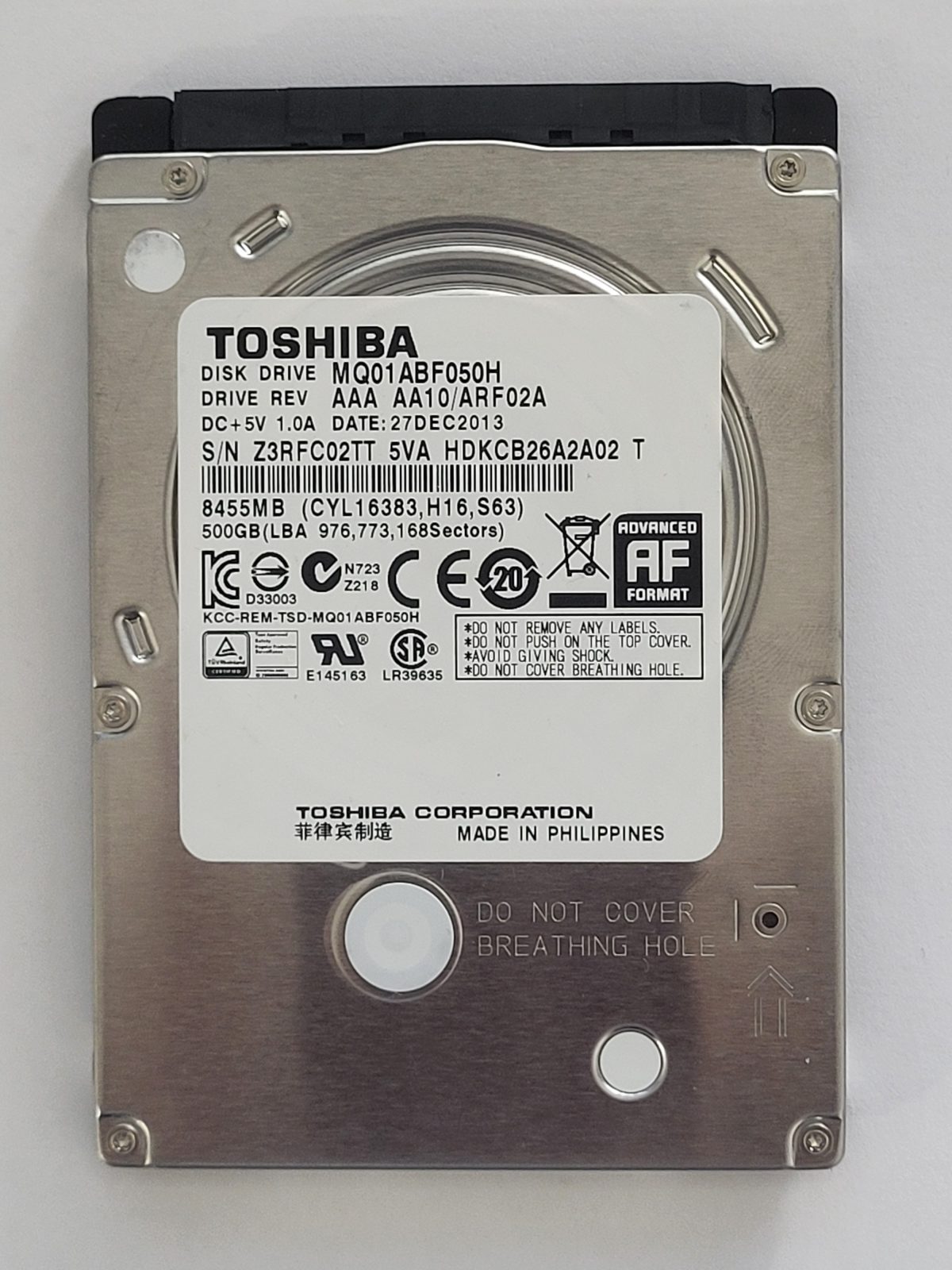 MQ01ABF050H, HDKCB26A2A02 T, FW: AA10/ARF02A, 27 DEC 2013, Toshiba 500Gb 2.5" HDD STK