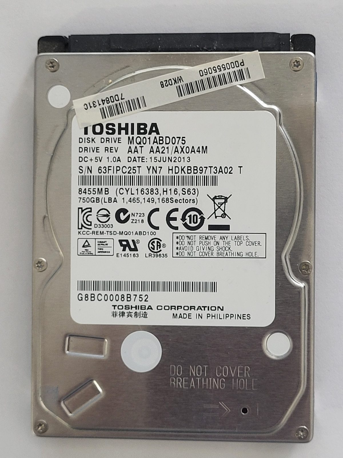 MQ01ABD075, HDKBB97T3A02 T, FW: AA21/AX0A4M, 15 JUN 2013, Toshiba 750Gb 2.5" HDD STK