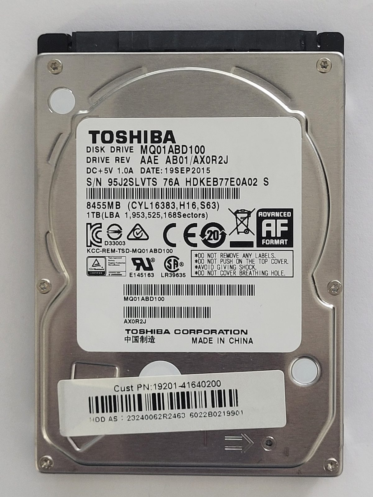 MQ01ABD100, HDKEB77E0A02 S, FW: AB01/AX0R2J, 19 SEP 2015, Toshiba 1Tb 2.5" HDD STK