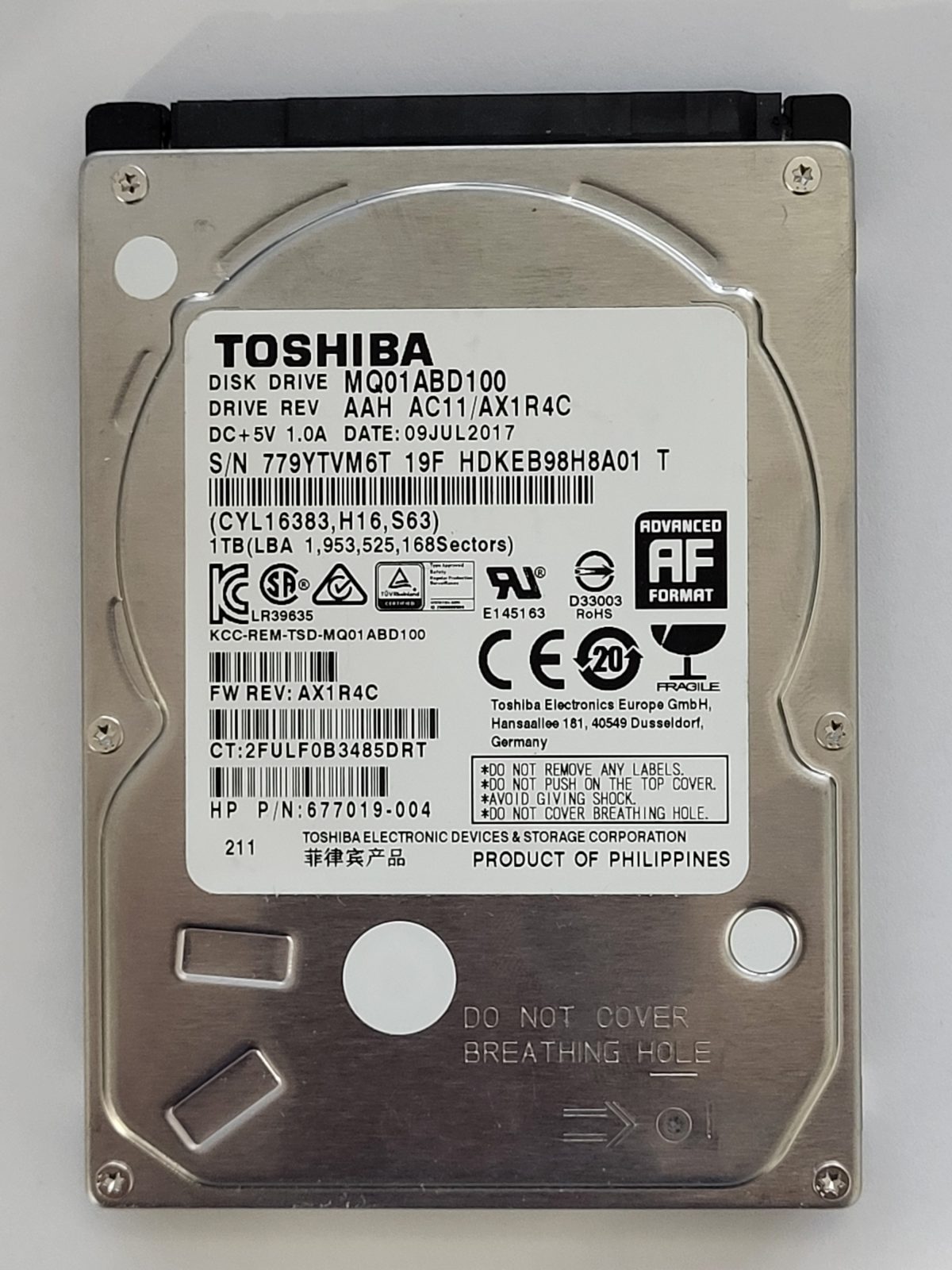 MQ01ABD100, HDKEB98H8A01 T, FW: AC11/AX1R4C, 09 JUL 2017, Toshiba 1Tb 2.5" HDD STK