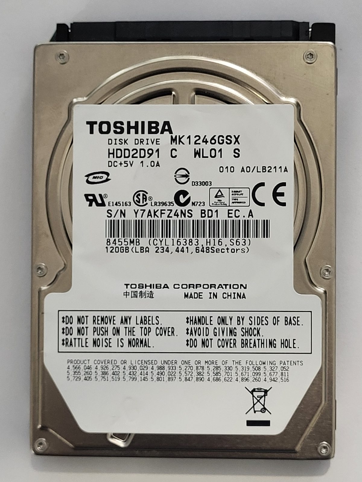 MK1246GSX, HDD2D91 C WL01 S, FW: A0/LB211A, Toshiba 120Gb 2.5" HDD STK
