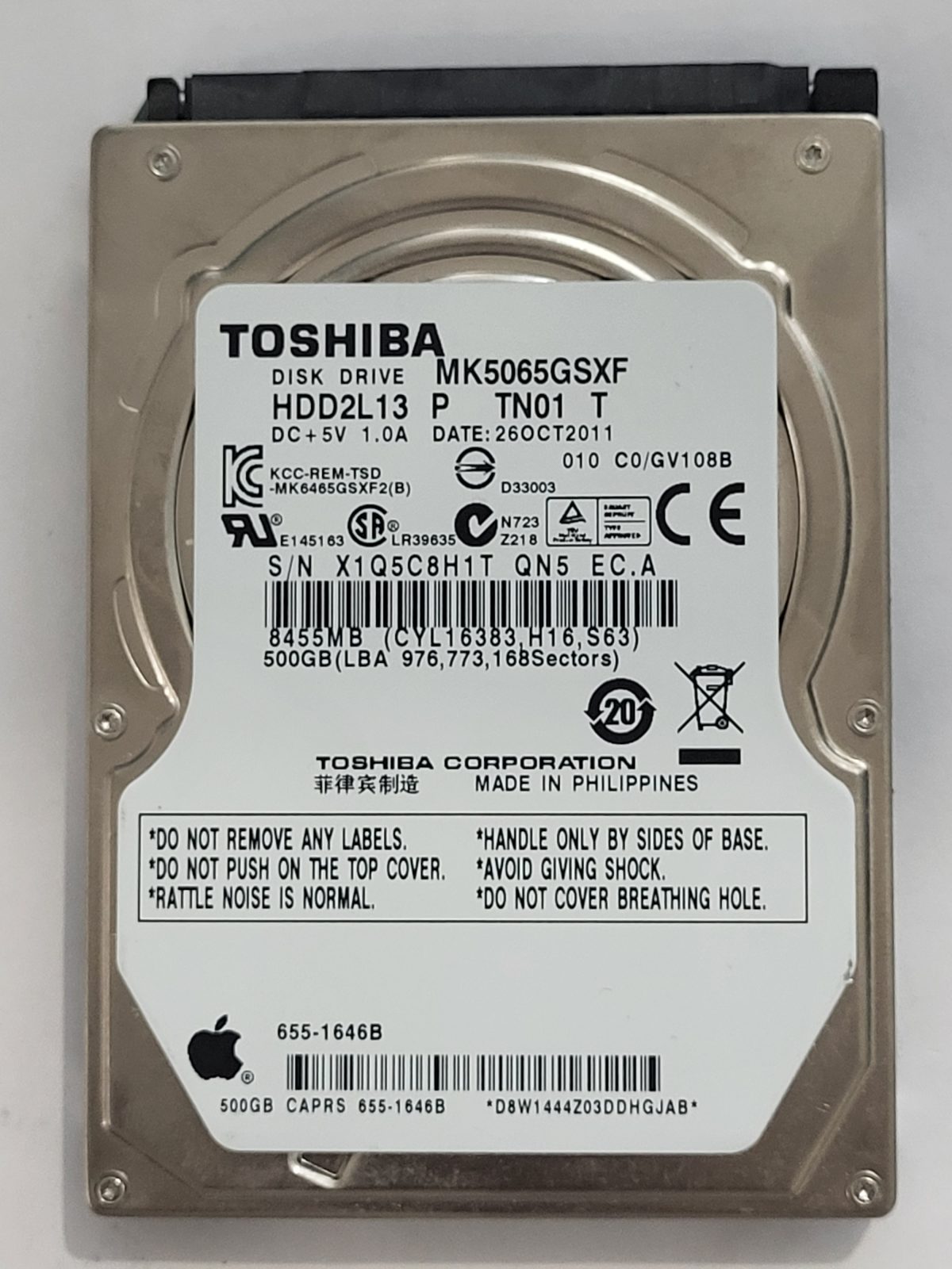 MK5065GSXF, HDD2L13 P TN01 T, FW: C0/GV108B, 26 OCT 2011, Toshiba 500Gb 2.5" HDD STK