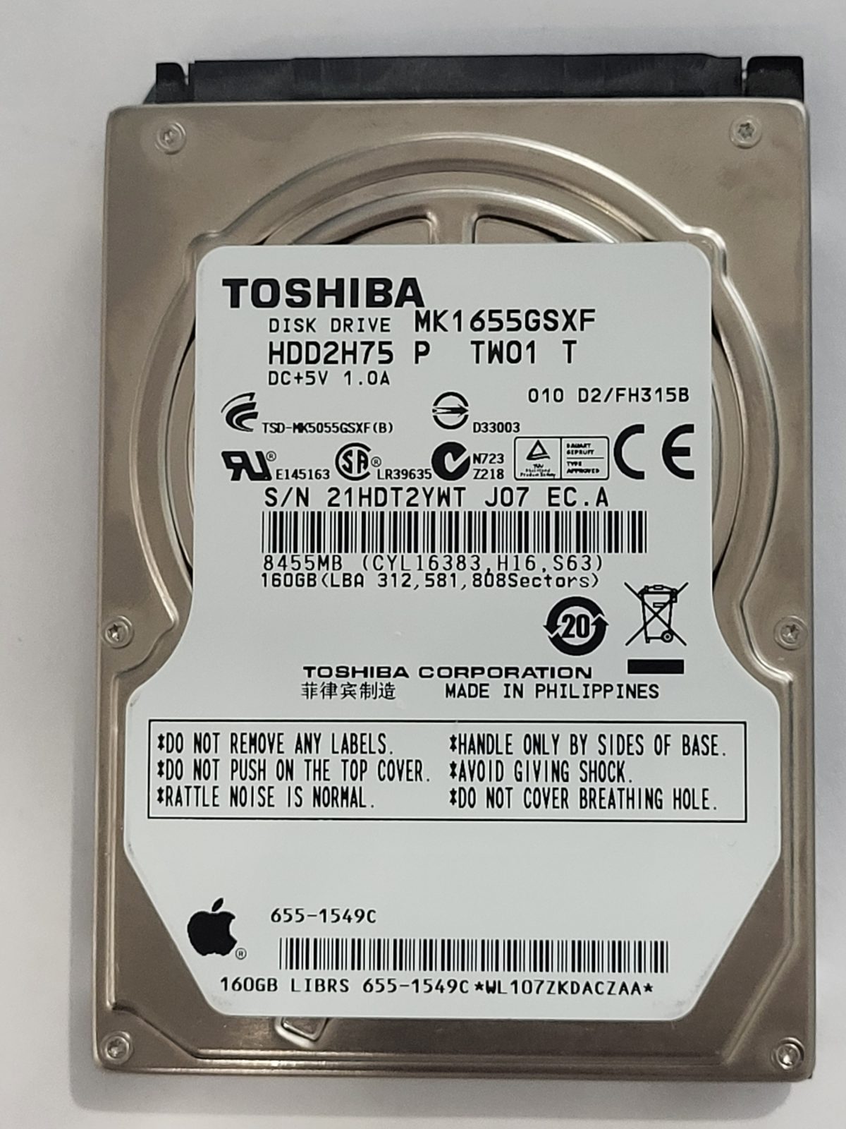 MK1655GSXF, HDD2H75 P TW01 T, FW: D2/FH315B, -, Toshiba 160Gb 2.5" HDD STK