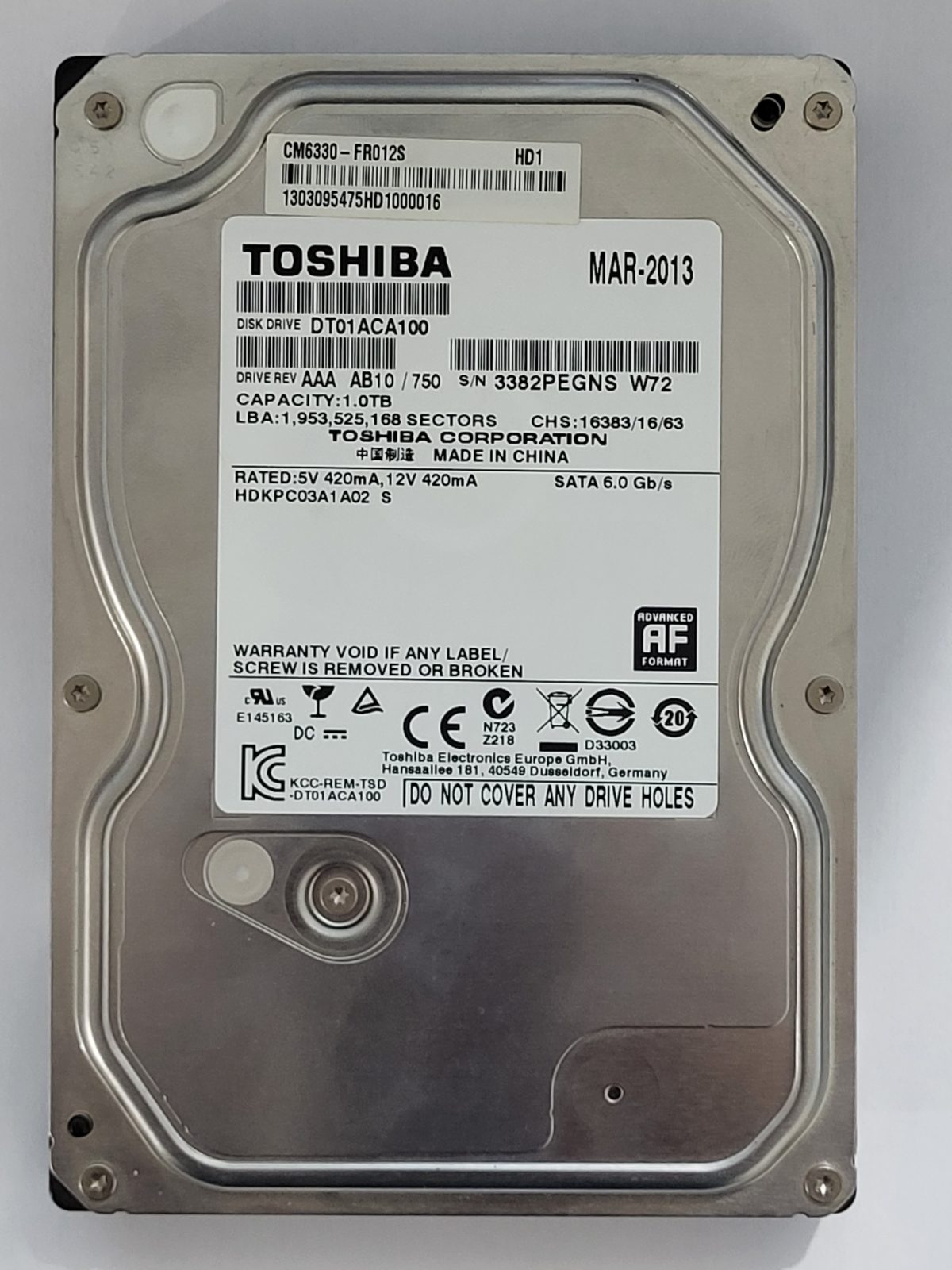 DT01ACA100, HDKPC03A1A02 S, FW: AB10/750, MAR 2013, Toshiba 1Tb 3.5" HDD STK