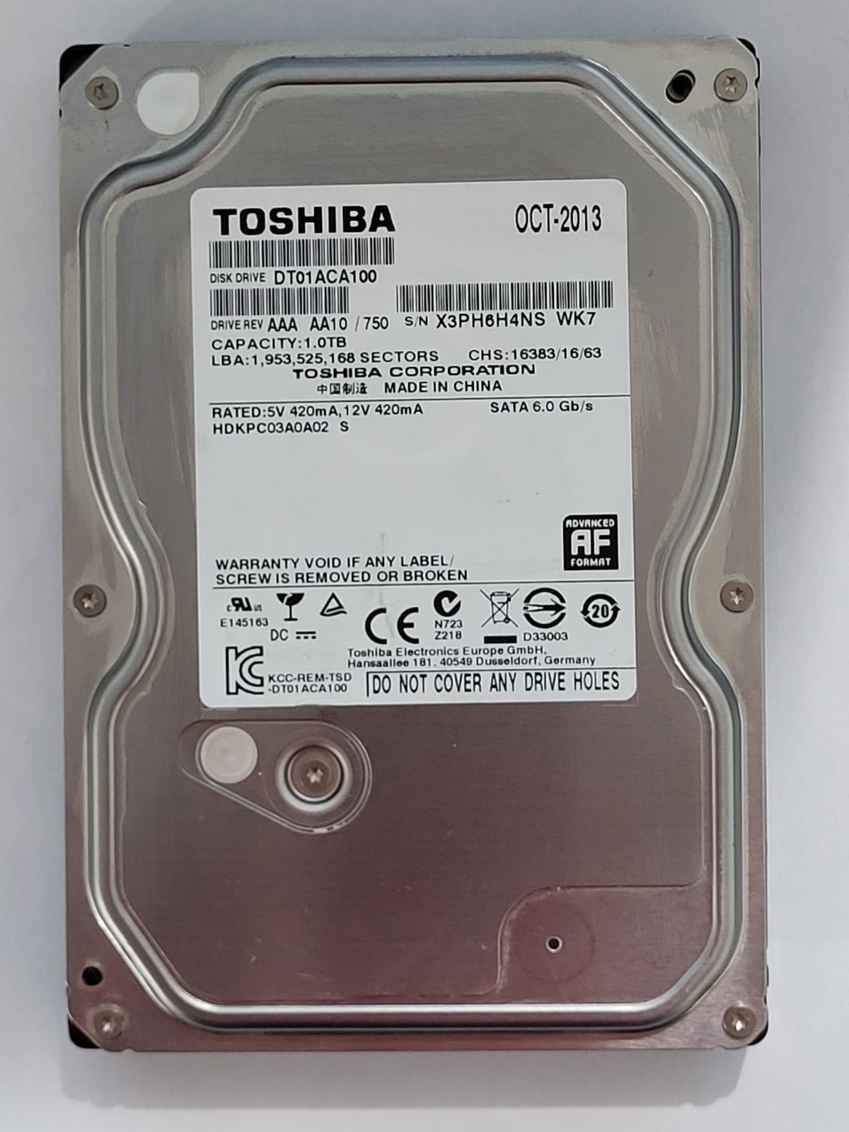 DT01ACA100, HDKPC03A0A02 S, FW: AA10/750, OCT 2013, Toshiba 1Tb 3.5" HDD STK