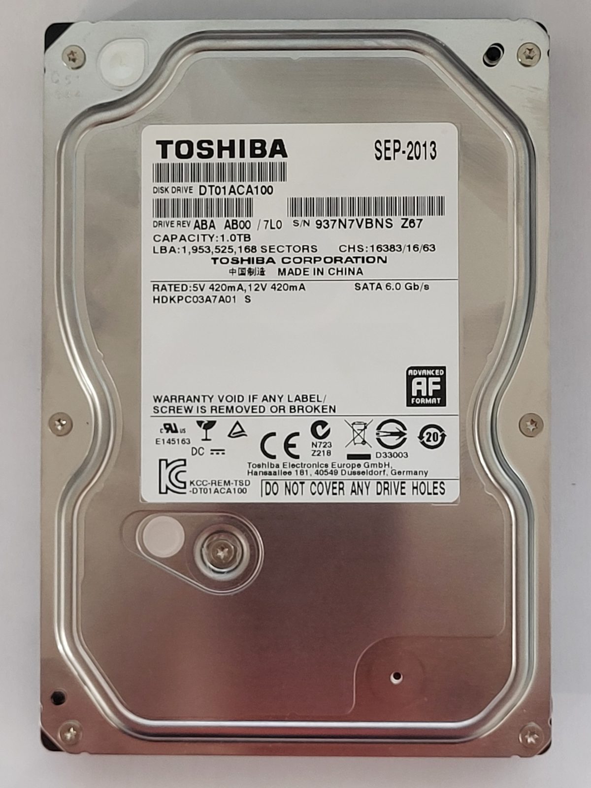DT01ACA100, HDKPC03A7A01 S, FW: AB00/7L0, SEP 2013, Toshiba 1Tb 3.5" HDD STK