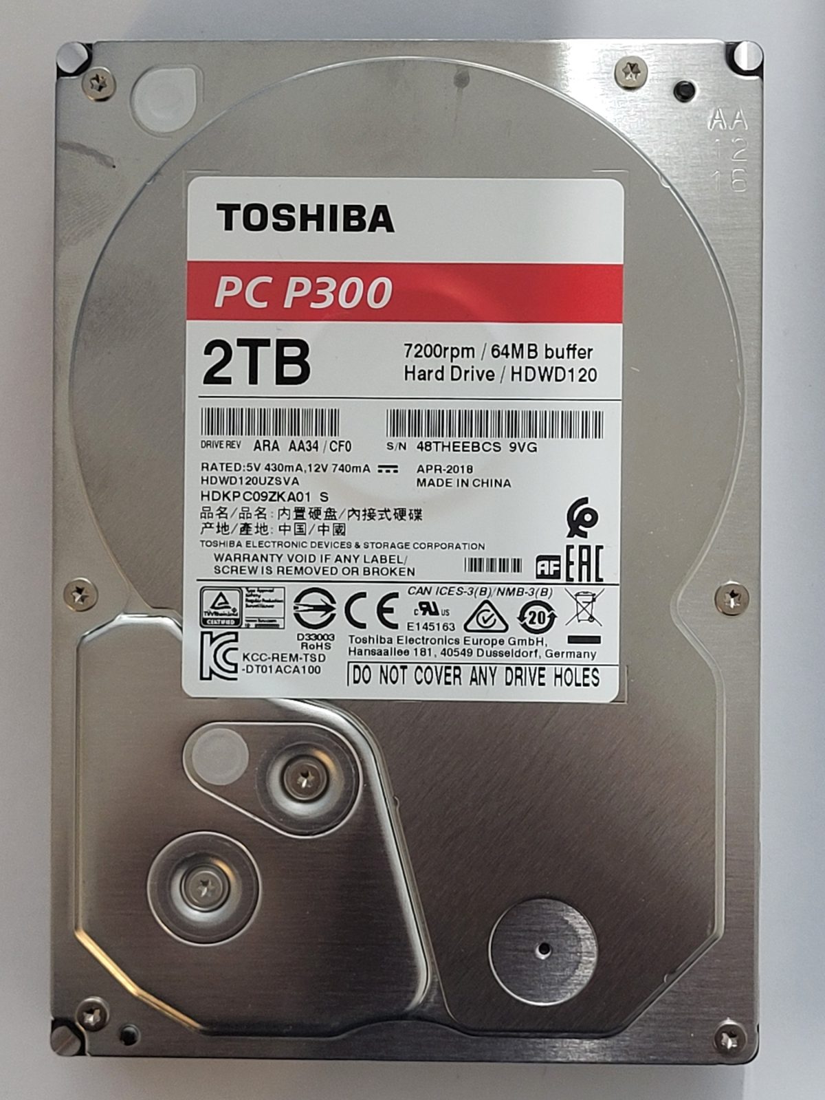 HDWD120, HDKPC09ZKA01 S, FW: AA34/CF0, APR 2018, Toshiba 2Tb 3.5" HDD STK