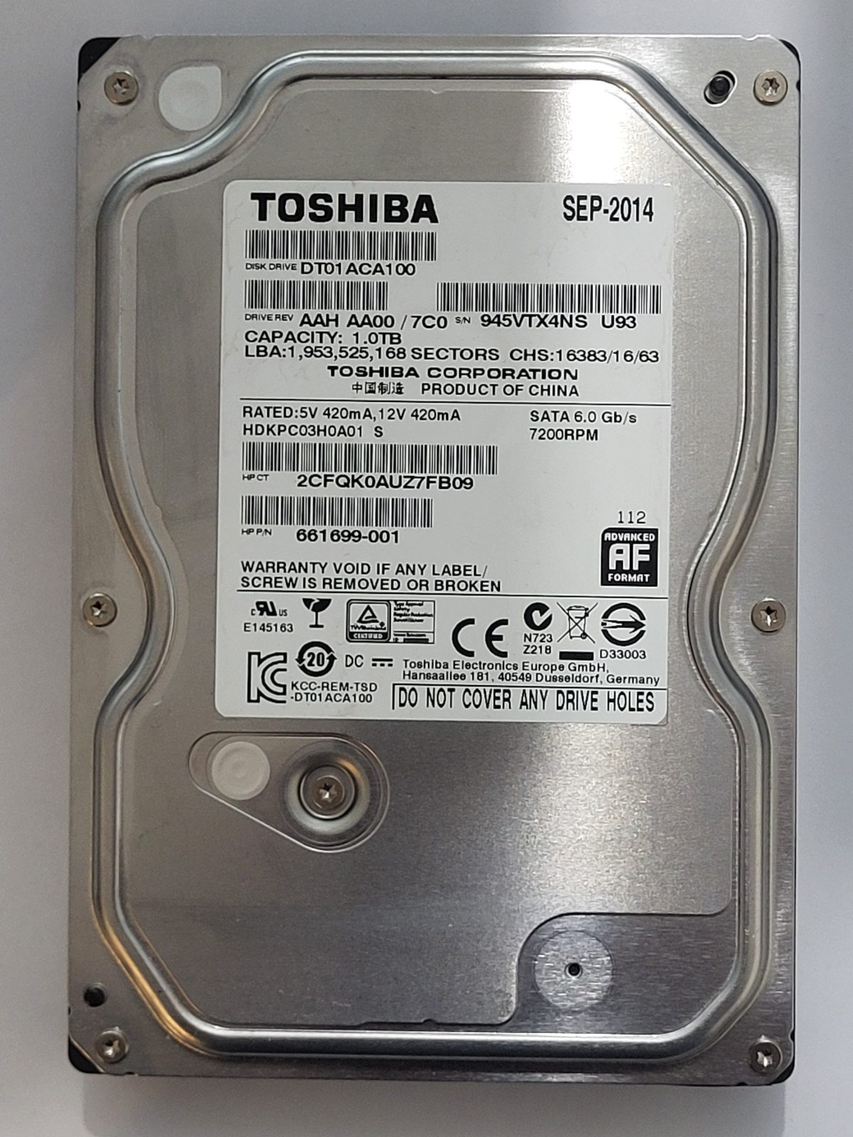 DT01ACA100, HDKPC03H0A01 S, FW: AA00/7C0, SEP 2014, Toshiba 1Tb 3.5" HDD STK