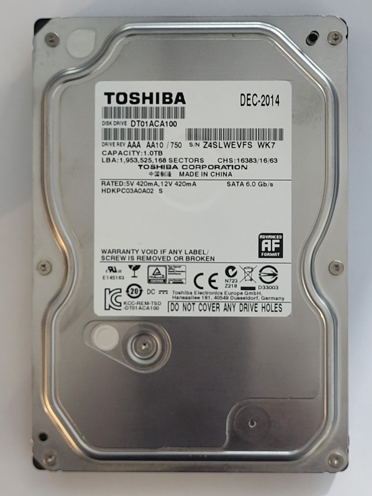 DT01ACA100, HDKPC03A0A02 S, FW: AA10/750, DEC 2014, Toshiba 1Tb 3.5" HDD STK