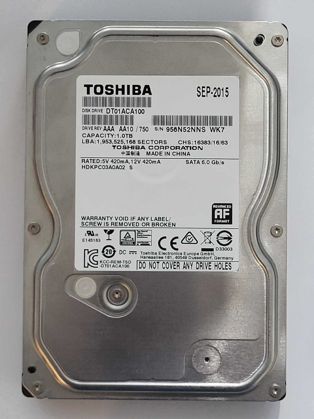DT01ACA100, HDKPC03A0A02 S, FW: AA10/750, SEP 2015, Toshiba 1Tb 3.5" HDD STK