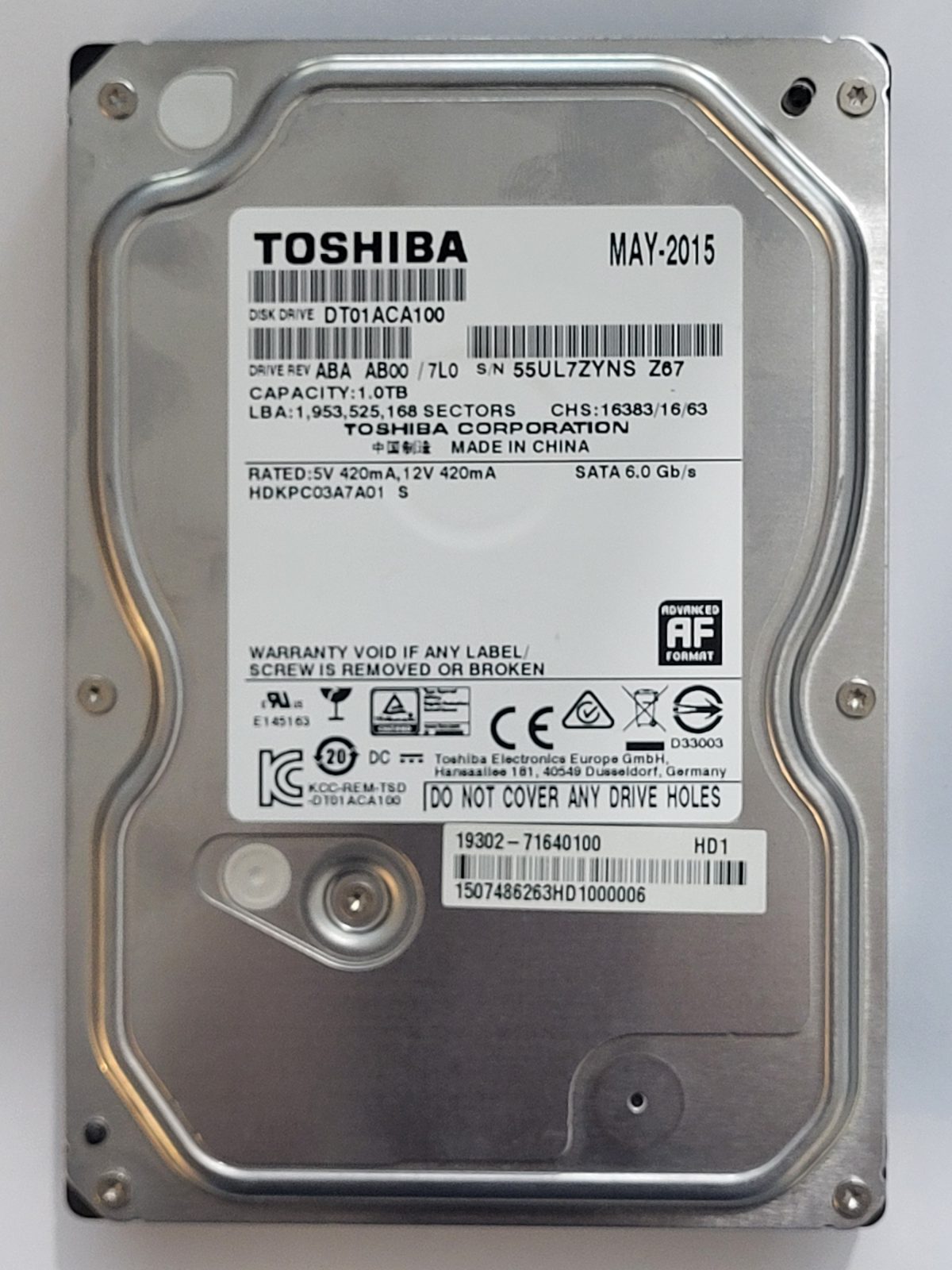 DT01ACA100, HDKPC03A7A01 S, FW: AB00/7L0, MAY 2015, Toshiba 1Tb 3.5" HDD STK