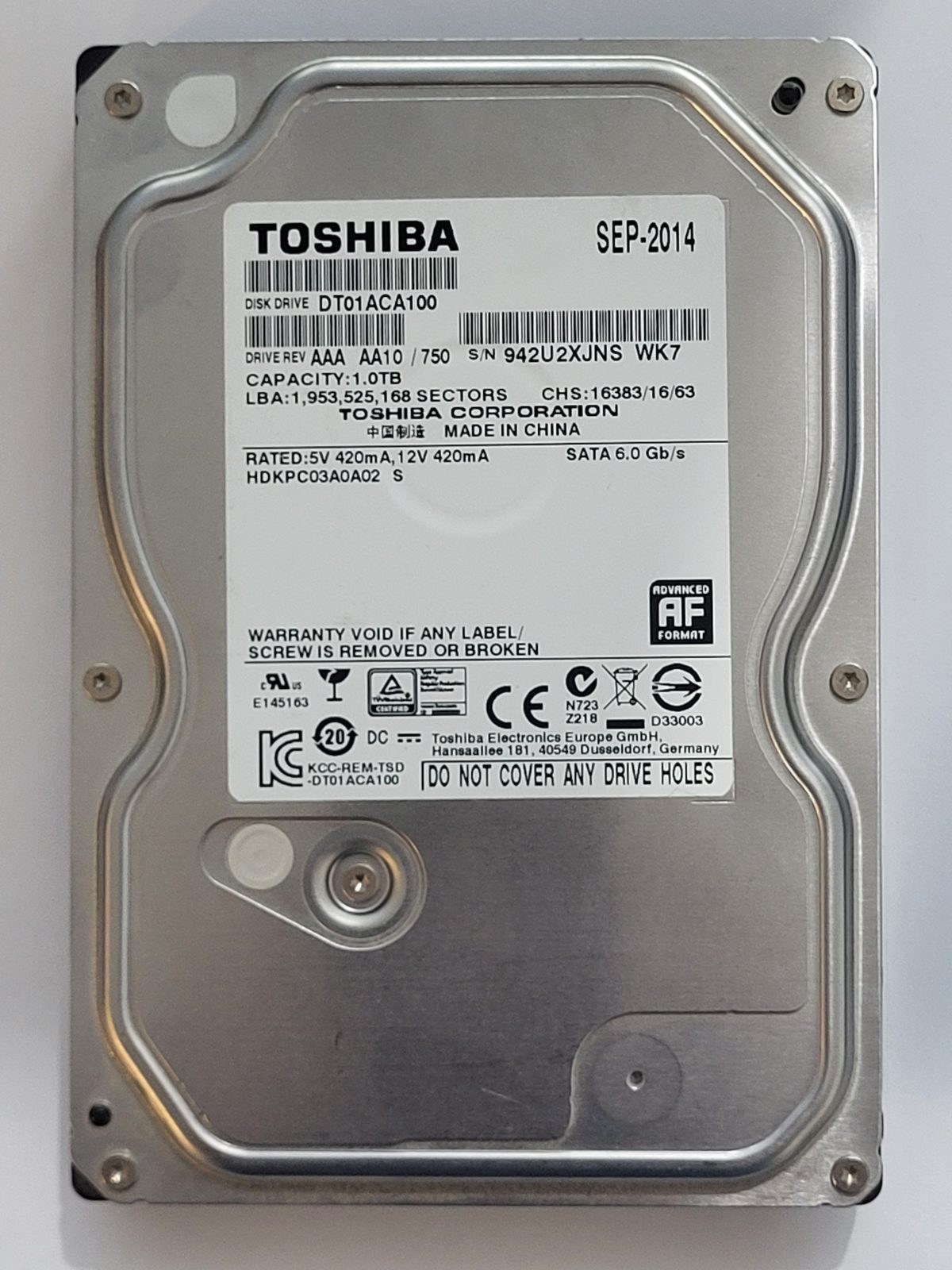 DT01ACA100, HDKPC03A0A02 S, FW: AA10/750, SEP 2014, Toshiba 1Tb 3.5" HDD STK