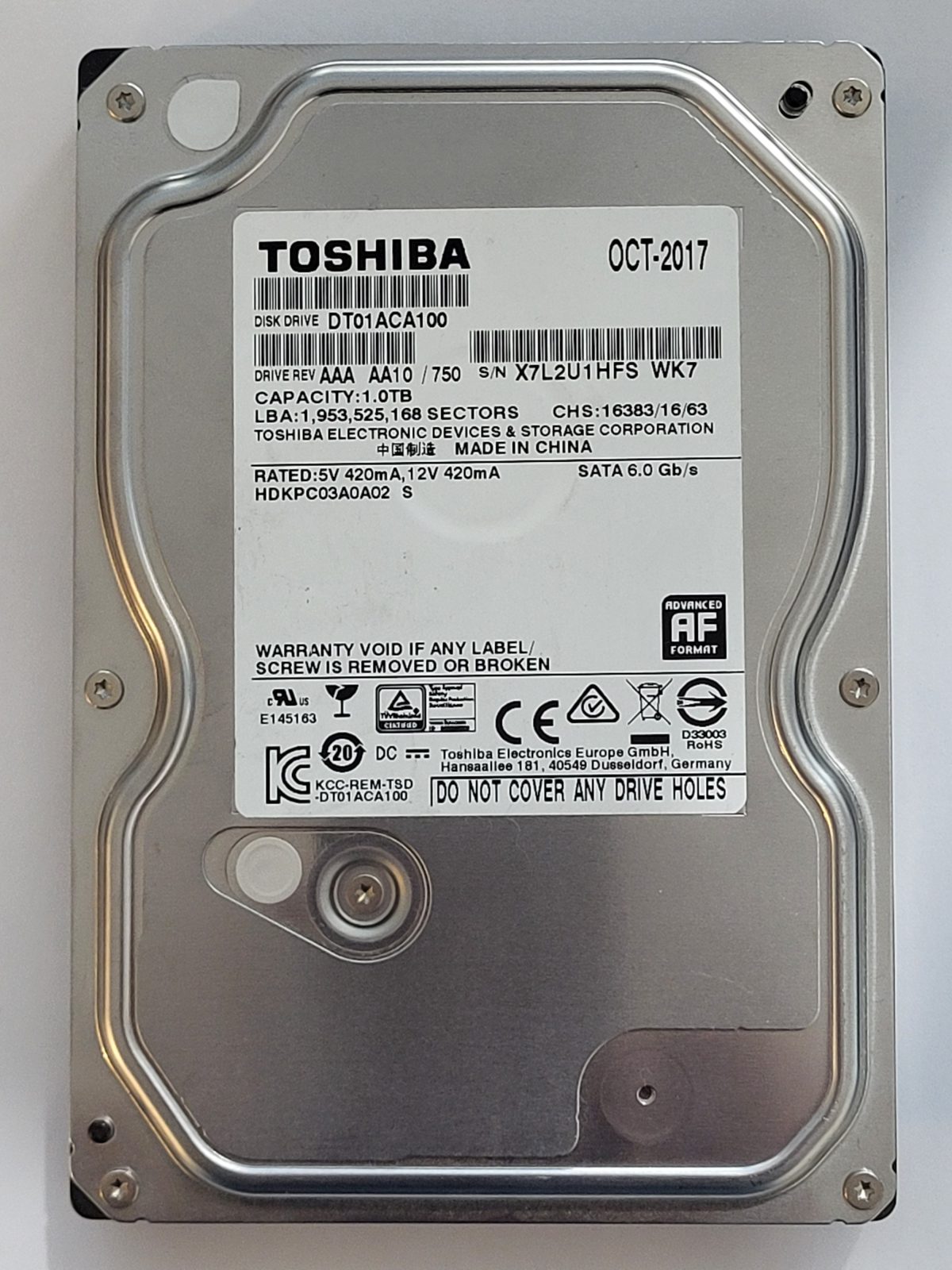 DT01ACA100, HDKPC03A0A02 S, FW: AA10/750, OCT 2017, Toshiba 1Tb 3.5" HDD STK