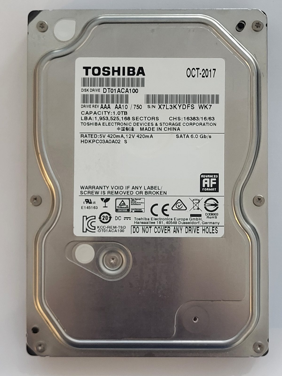 DT01ACA100, HDKPC03A0A02 S, FW: AA10/750, OCT 2017, Toshiba 1Tb 3.5" HDD STK