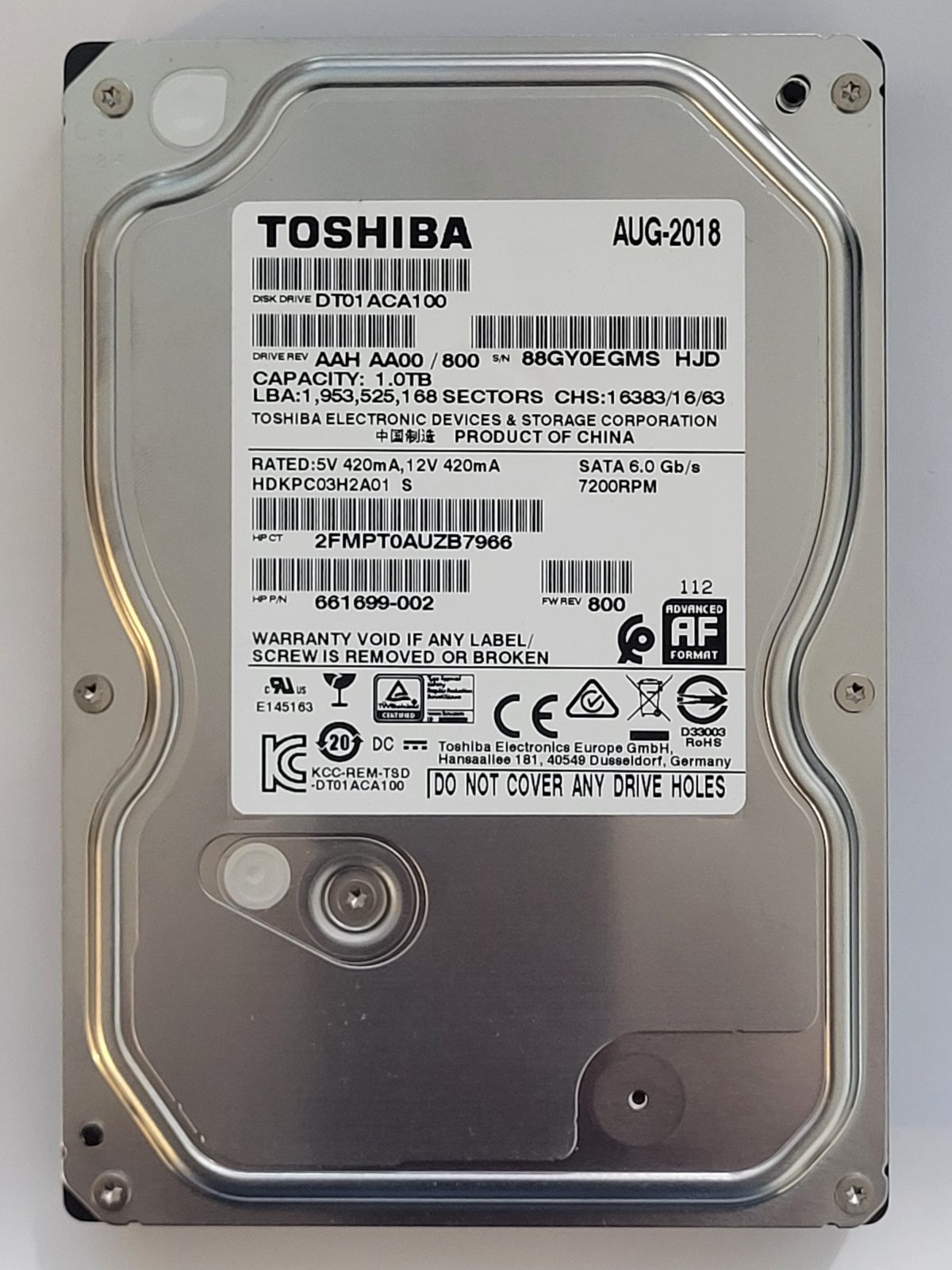 DT01ACA100, HDKPC03H2A01 S, FW: AA00/800, AUG 2018, Toshiba 1Tb 3.5" HDD STK