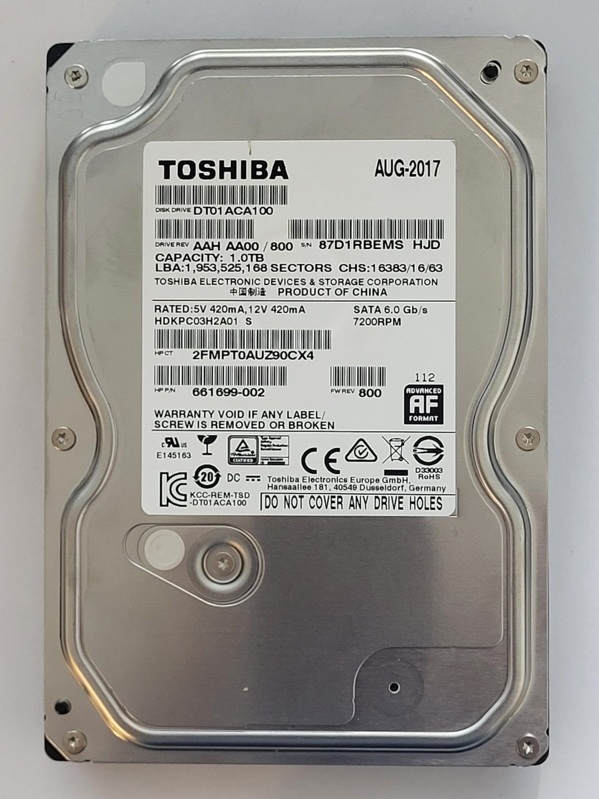 DT01ACA100, HDKPC03H2A01 S, FW: AA00/800, AUG 2017, Toshiba 1Tb 3.5" HDD STK