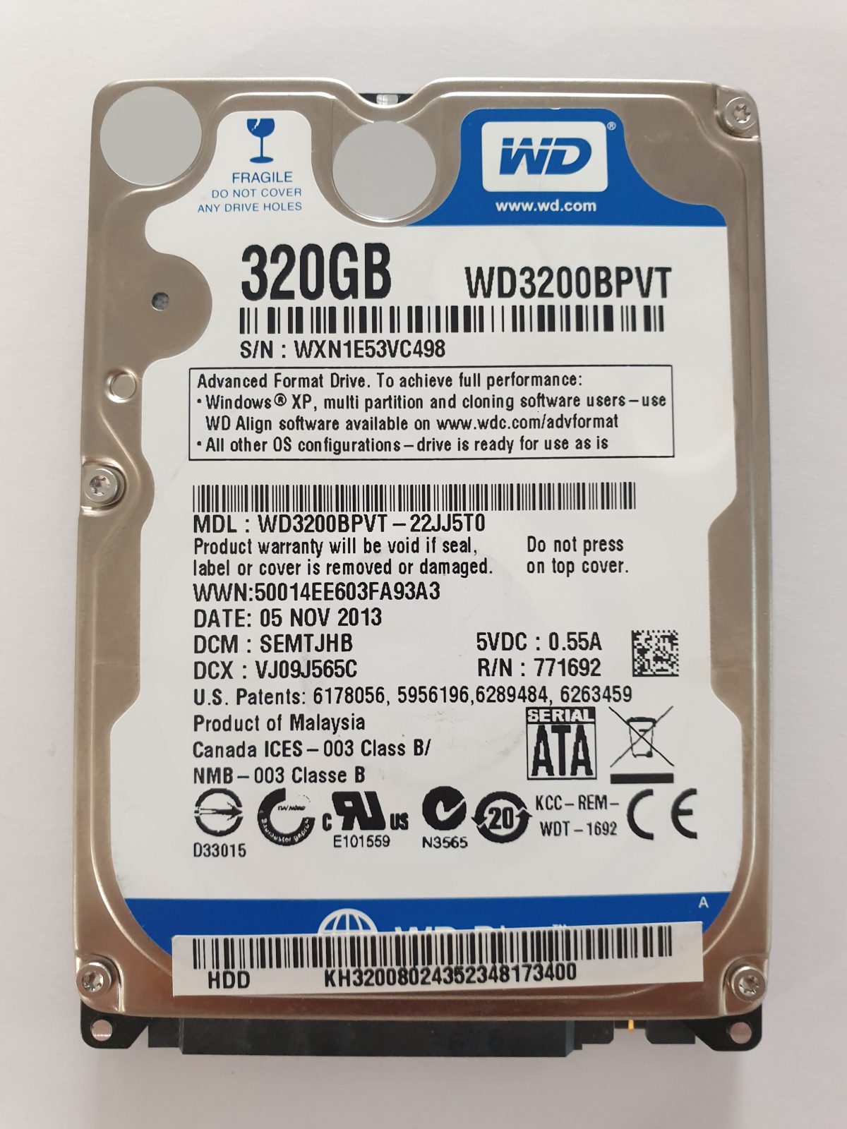 WD3200BPVT-22JJT0, DCM: SEMTJHB, 05 NOV 2013 | WD 320Go 2,5" SATA HDD STK