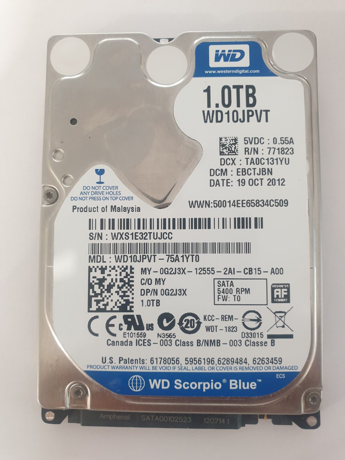 WD10JPVT-75A1YT0, DCM: EBCTJBN, 19 OCT 2012 | WD 1To 2,5" SATA HDD STK