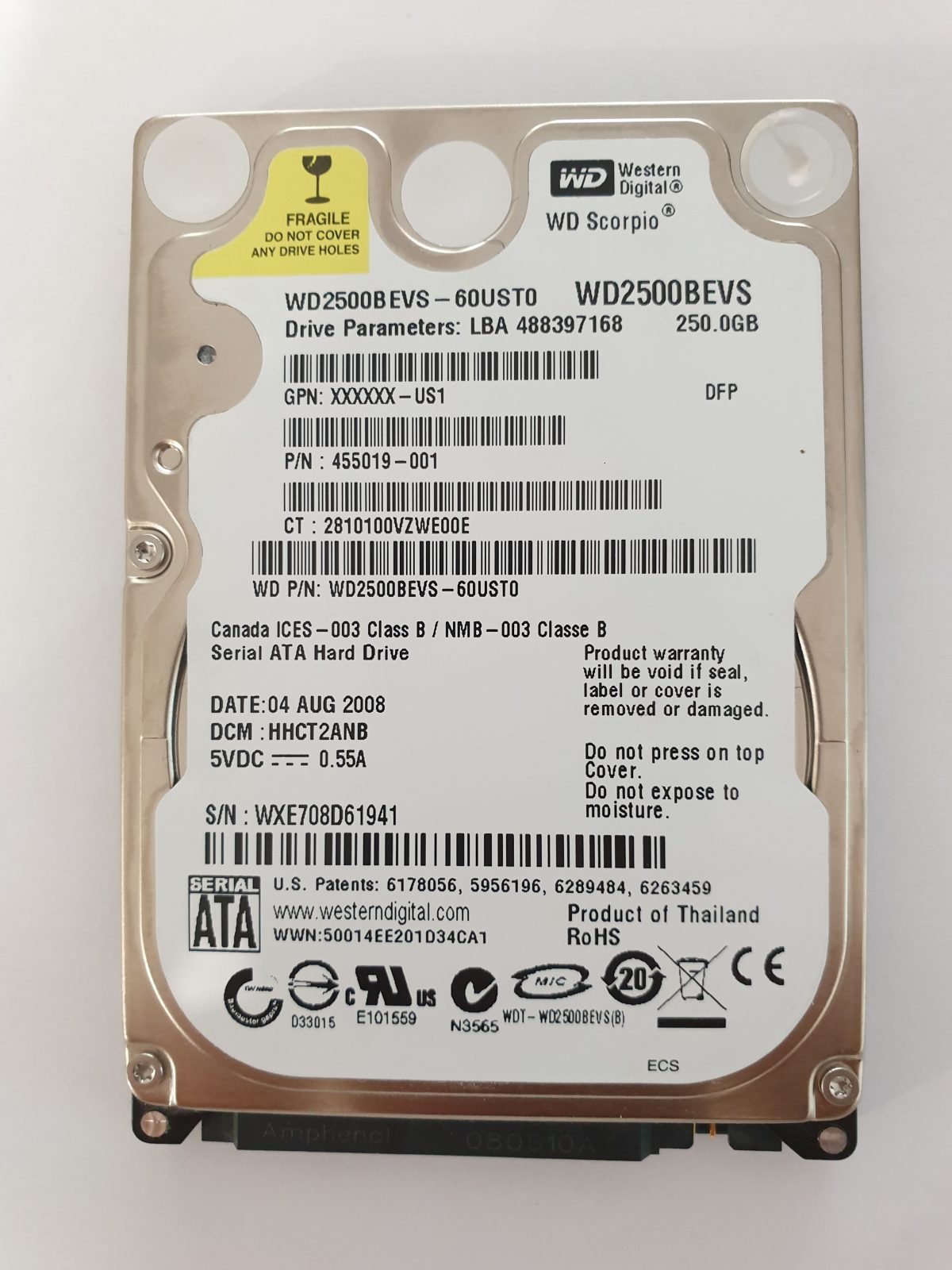 WD2500BEVS-60UST0, DCM: HHCT2ANB, 04 AUG 2008 | WD 250Go 2,5" SATA HDD STK