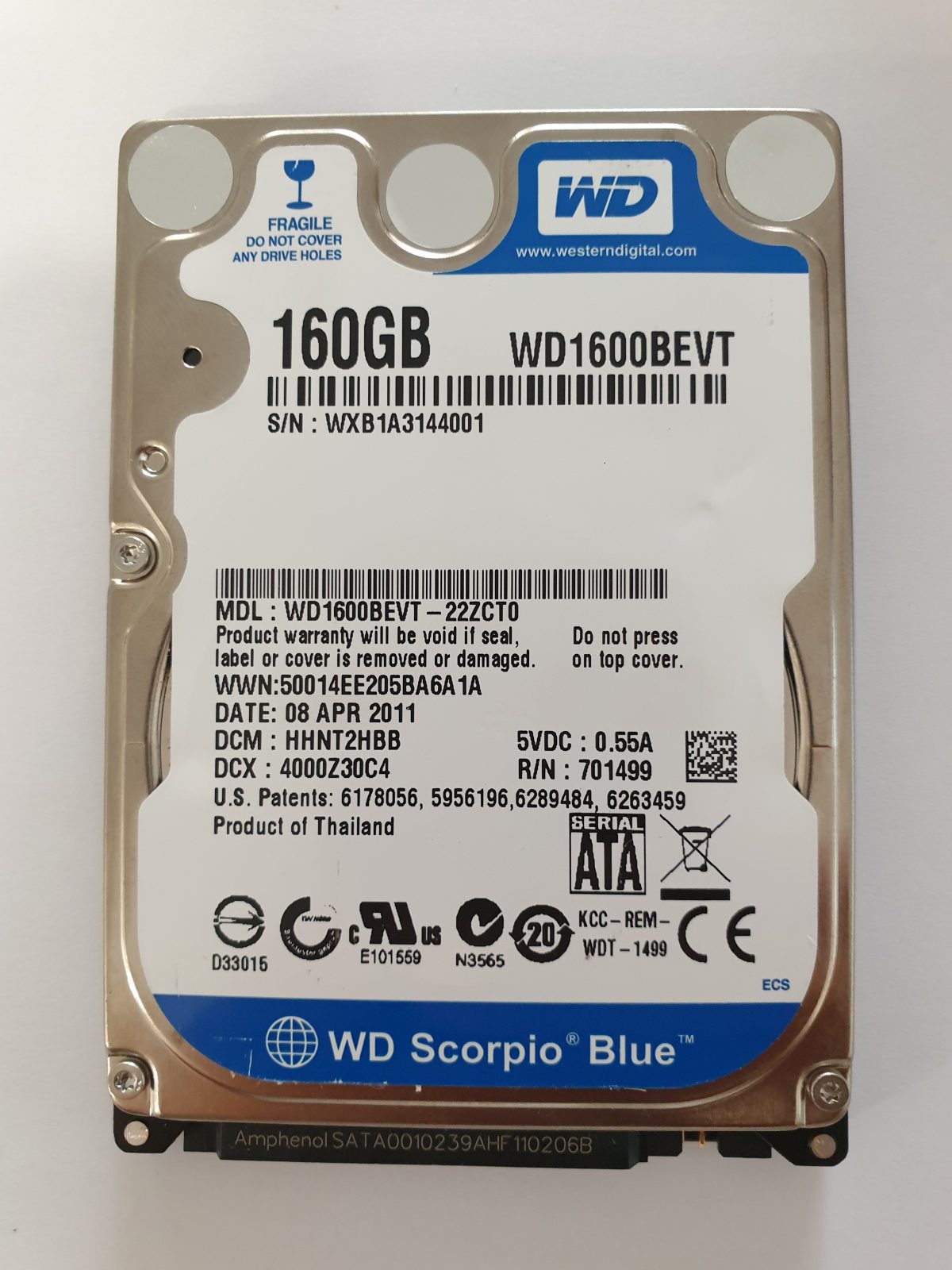 WD1600BEVT-22ZCT0, DCM: HHNT2HBB, 08 APR 2011 | WD 160Go 2,5" SATA HDD STK