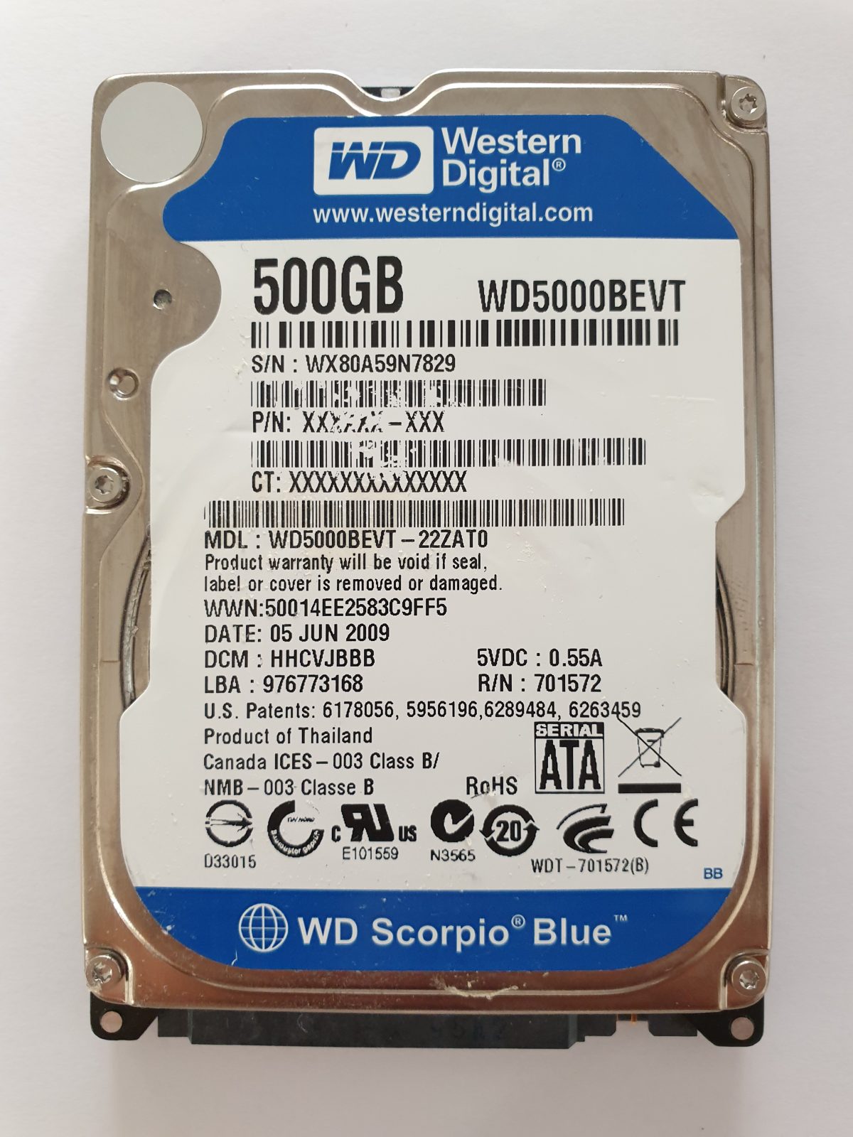WD5000BEVT-22ZAT0, DCM: HHCVJBBB, 05 JUN 2009 | WD 500Go 2,5" SATA HDD STK