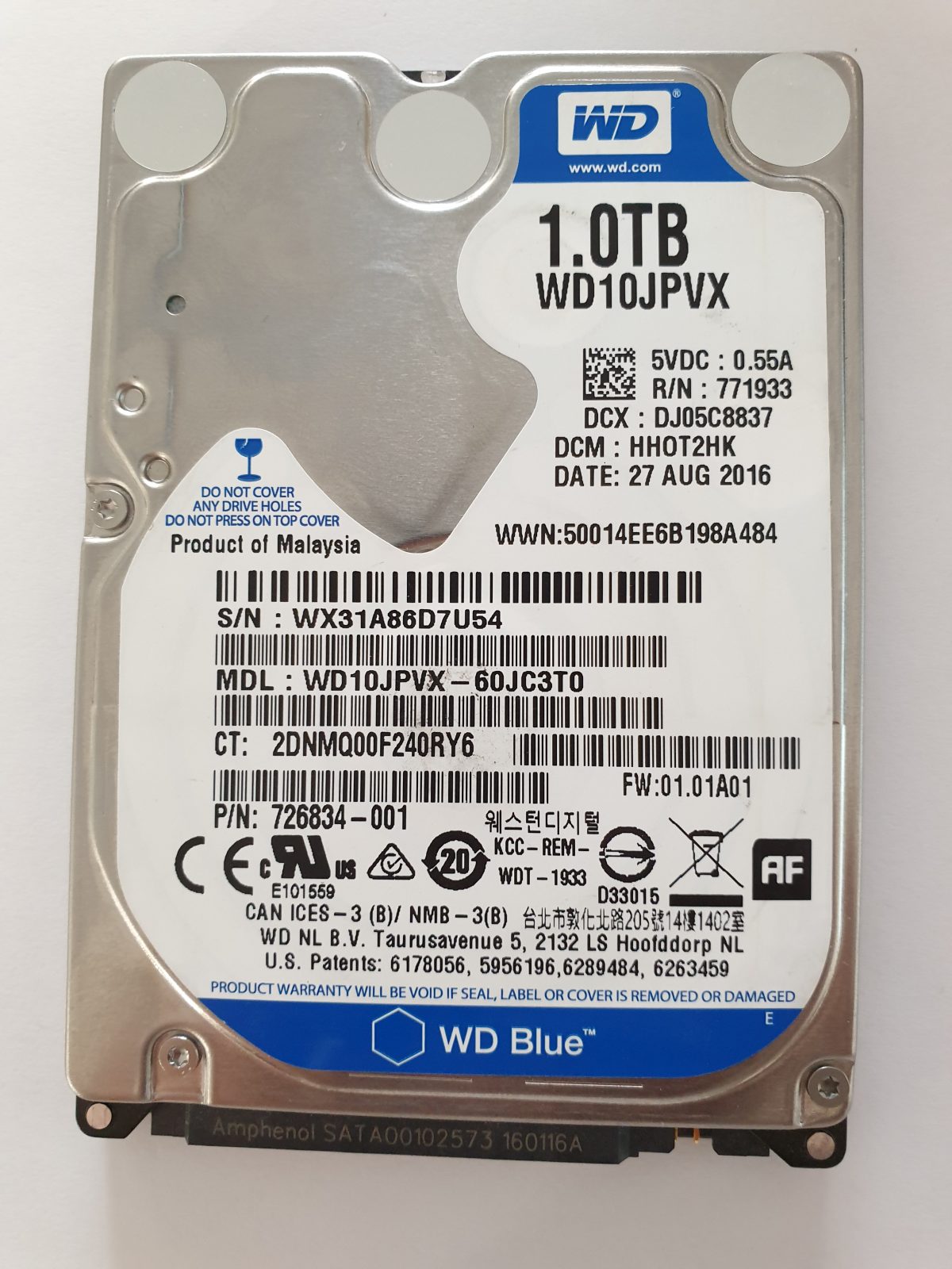 WD10JPVX-60JC3T0, DCM: HHOT2HK, 27 AUG 2016 | WD 1To 2,5" SATA HDD STK