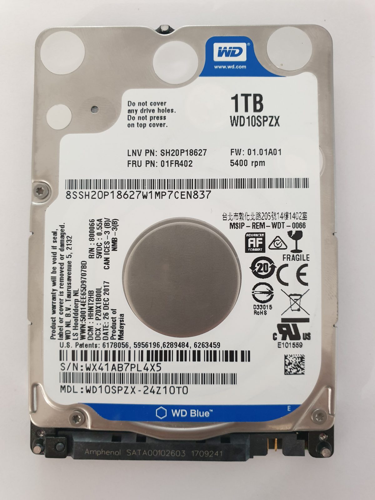 WD10SPZX-24Z10T0, DCM: HHNT2HB, 26 DEC 2017 | WD 1To 2,5" SATA HDD STK