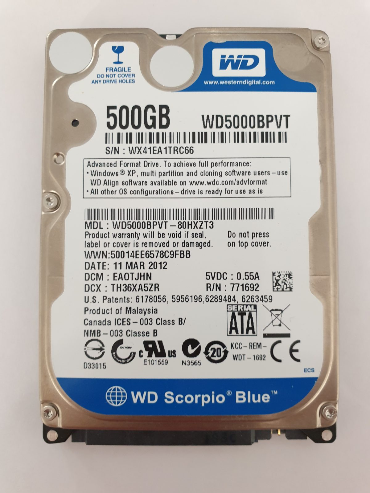 WD5000BPVT-80HXZT3, DCM: EAOTJHN, 11 MAR 2012 | WD 500Go 2,5" SATA HDD STK