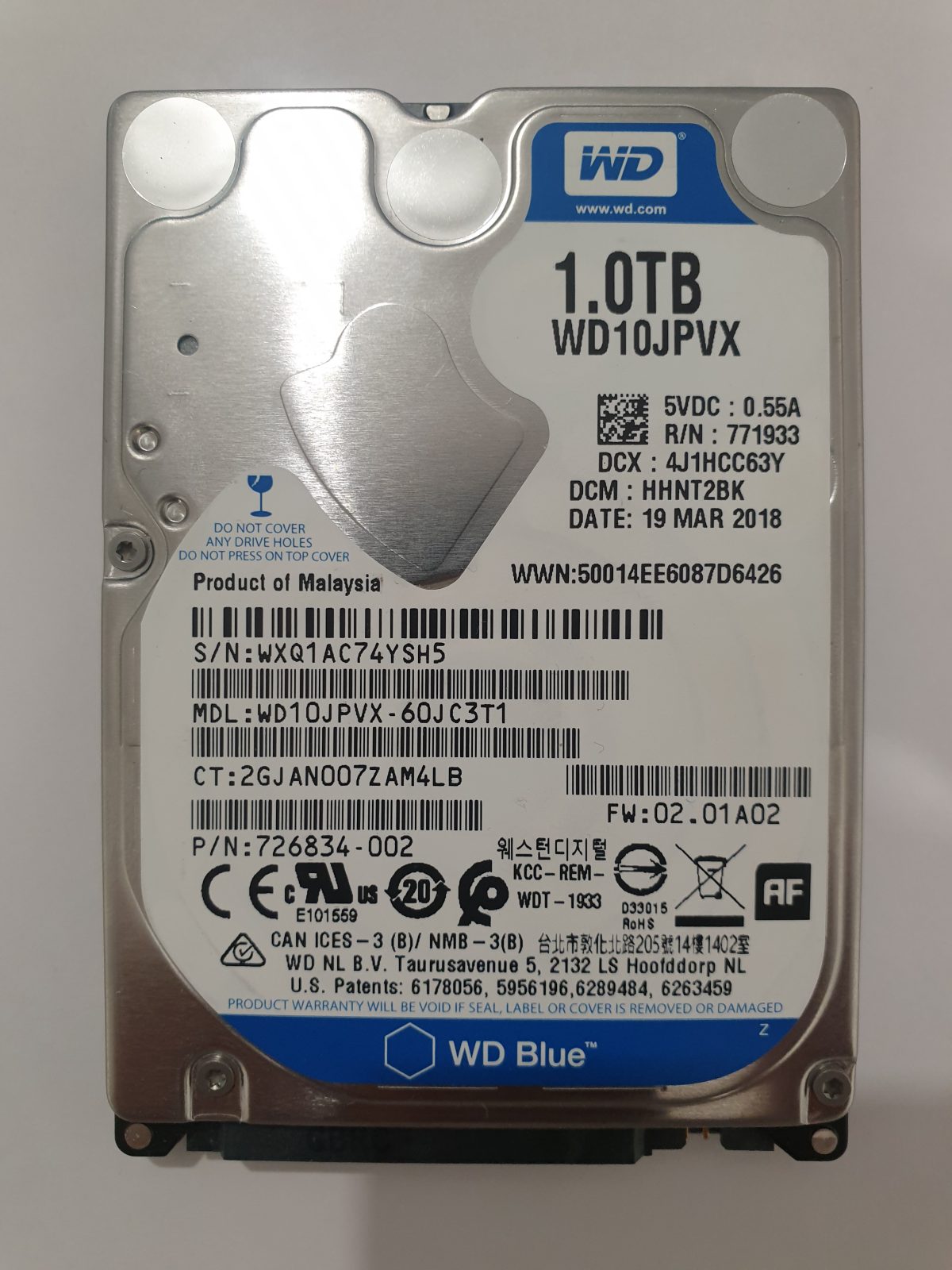WD10JPVX-60JC3T1, DCM: HHNT2BK, 19 MAR 2018 | WD 1To 2,5" SATA HDD STK