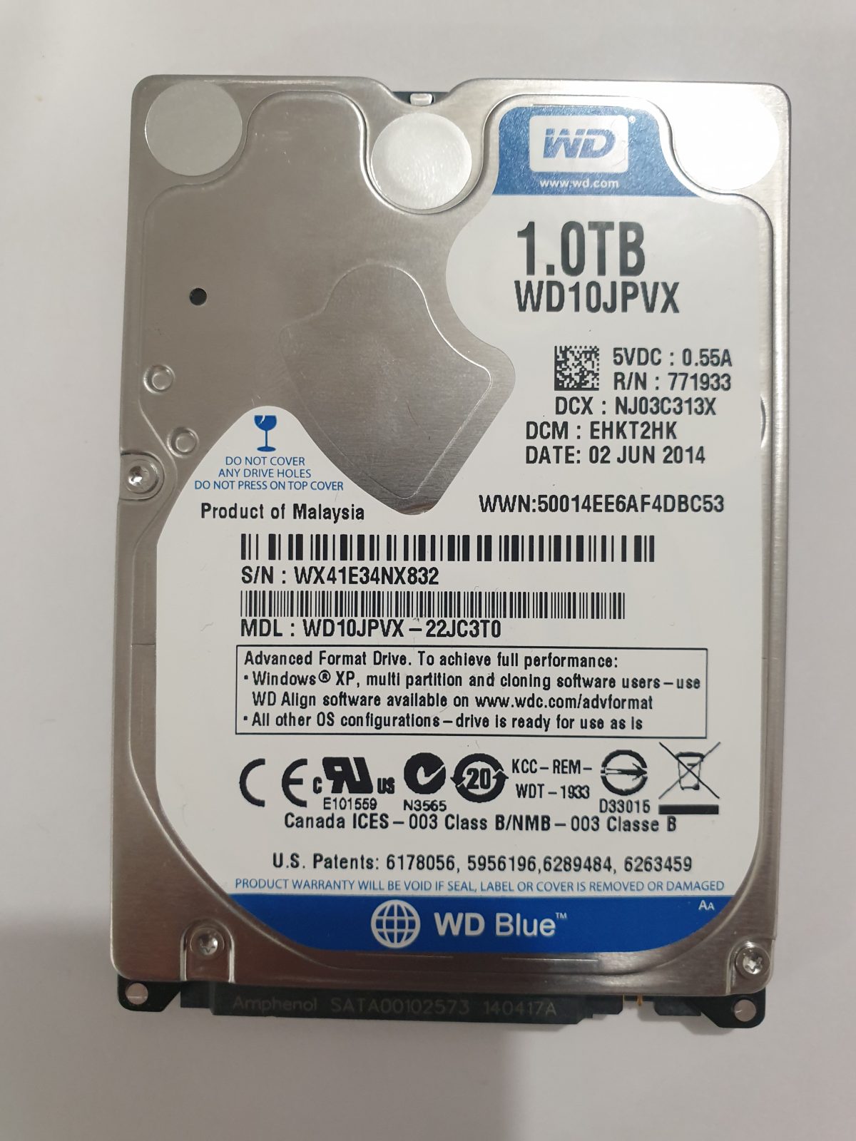 WD10JPVX-22JC3T0, DCM: EHKT2HK, 02 JUN 2014 | WD 1To 2,5" SATA HDD STK