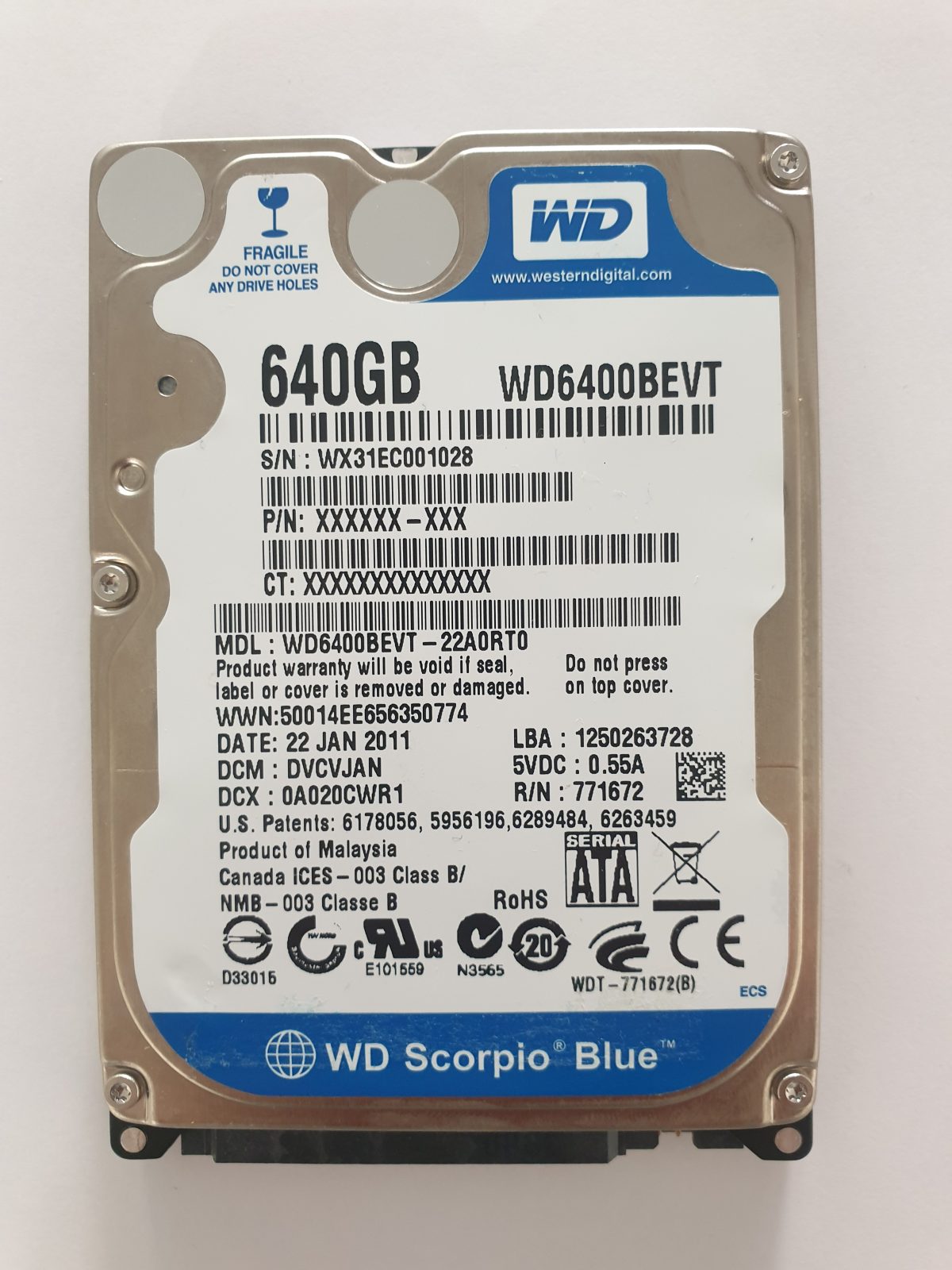 WD6400BEVT-22A0RT0, DCM: DVCVJAN, 22 JAN 2011 | WD 640Go 2,5" SATA HDD STK